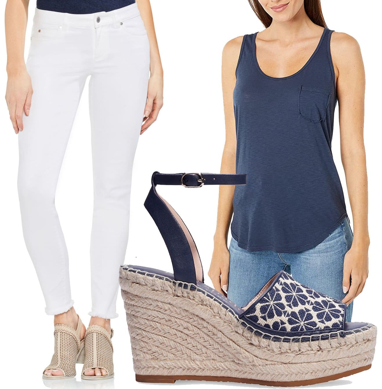 Vince Camuto Fray Hem Skinny Jeans, $79 at Nordstrom, Kate Spade New York Fab Jacquard Spade Flower Wedge Espadrille, $198 at Saks Fifth Avenue, LAmade Boyfriend Tank Top, $48 at Zappos