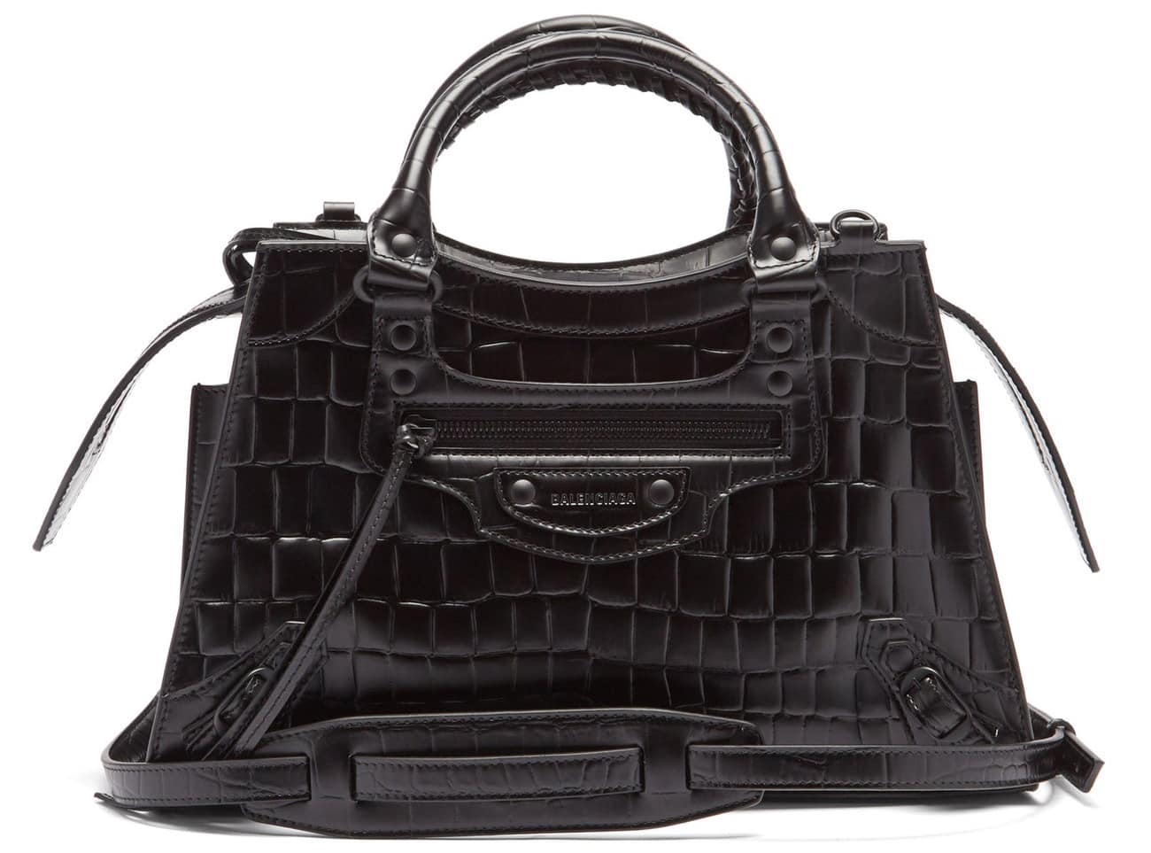 Durable and timeless, the well-loved Balenciaga black Neo Classic City bag is crafted from luxurious crocodile-effect leather