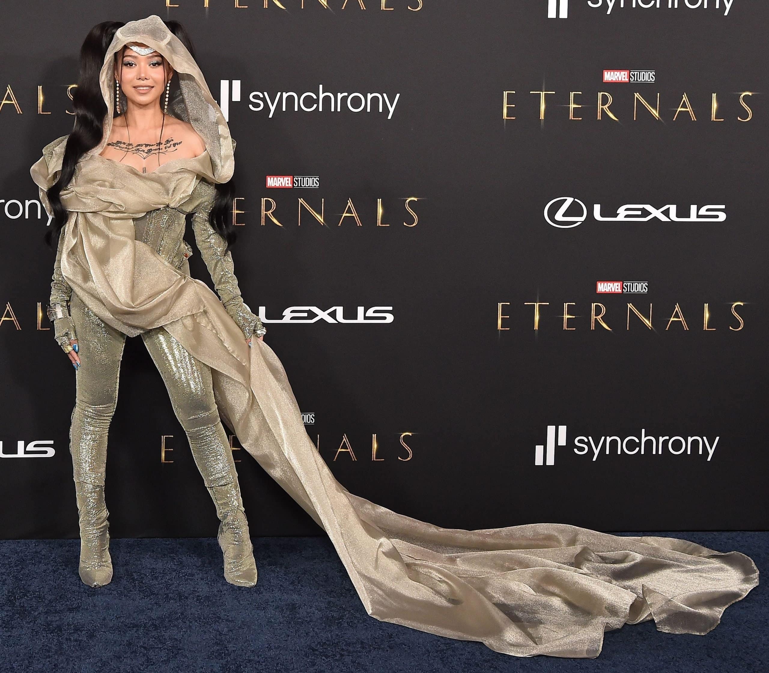 Bella Poarch in a futuristic outfit at the Marvel Studios' "Eternals" premiere