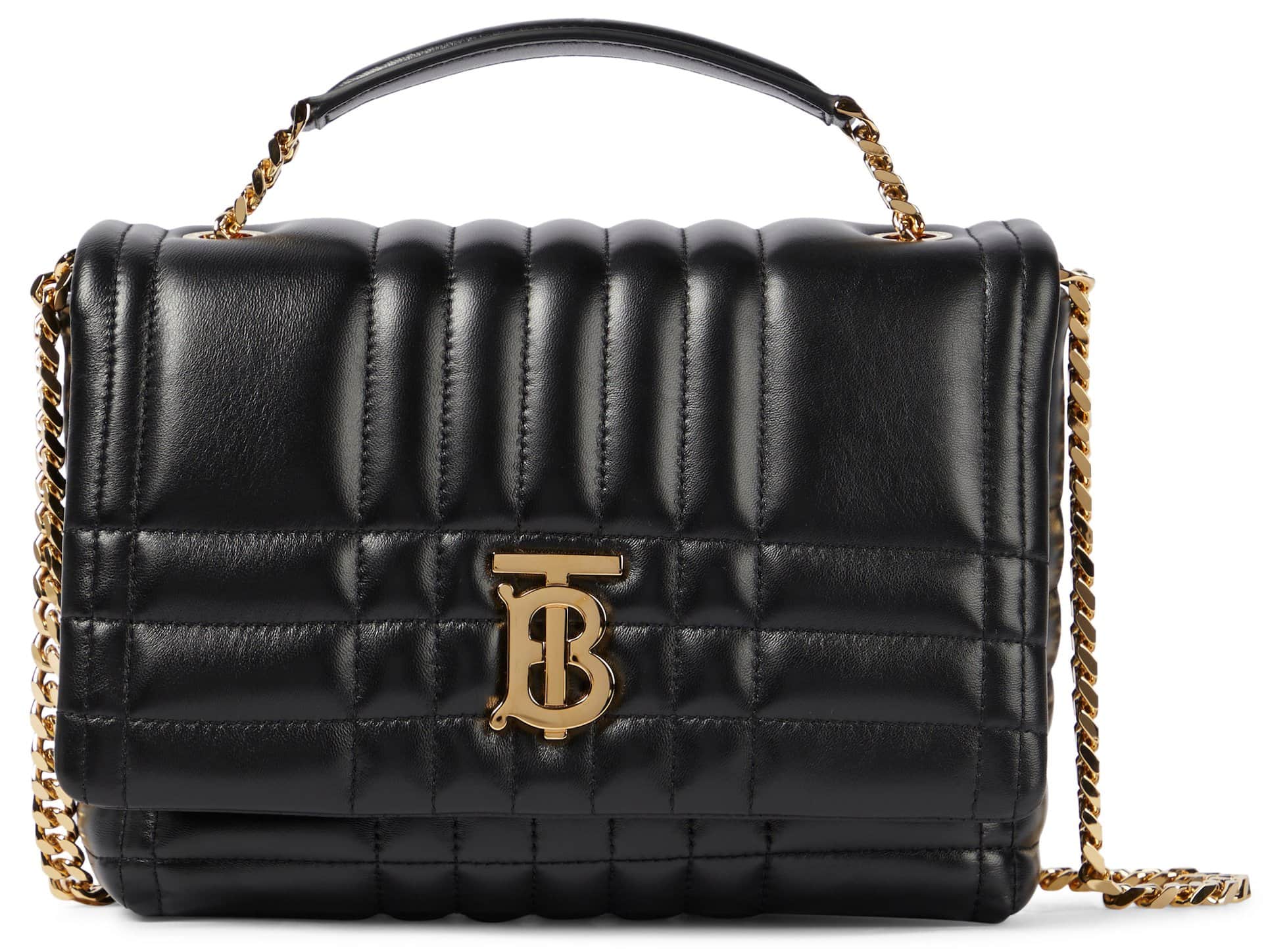 This small version of Burberry's Lola shoulder bag is made from quilted nappa leather with hand-painted edges, and illuminated with monogram hardware