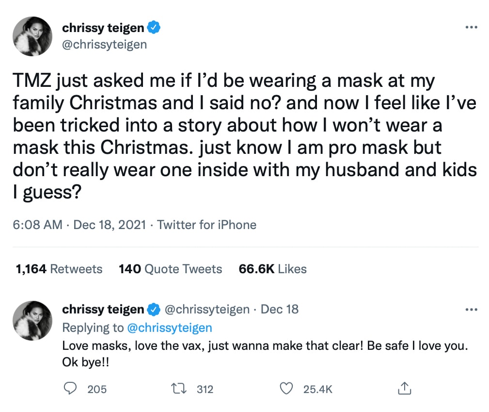 Chrissy Teigen clarifies why she won't wear a mask during Christmas celebration with her kids