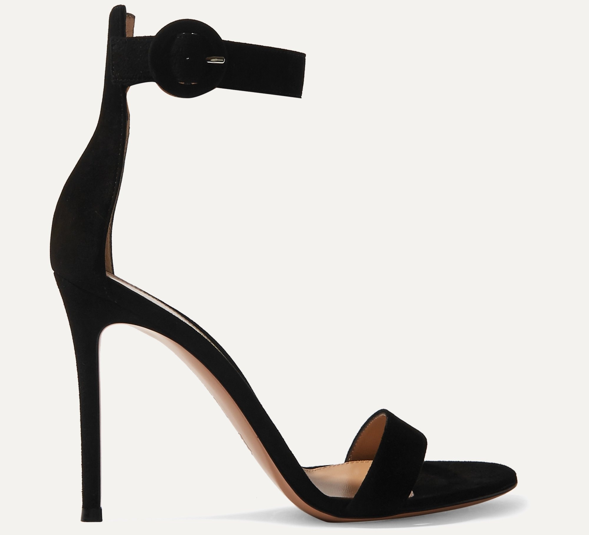 A classic pair of sandals made of black suede with '60s round buckle and high stiletto heels