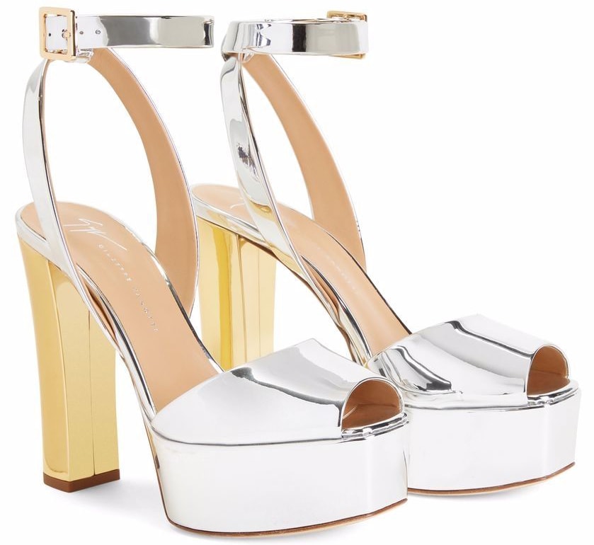 These Giuseppe Zanotti sandals feature a metallic two-tone design with thick platforms and block heels