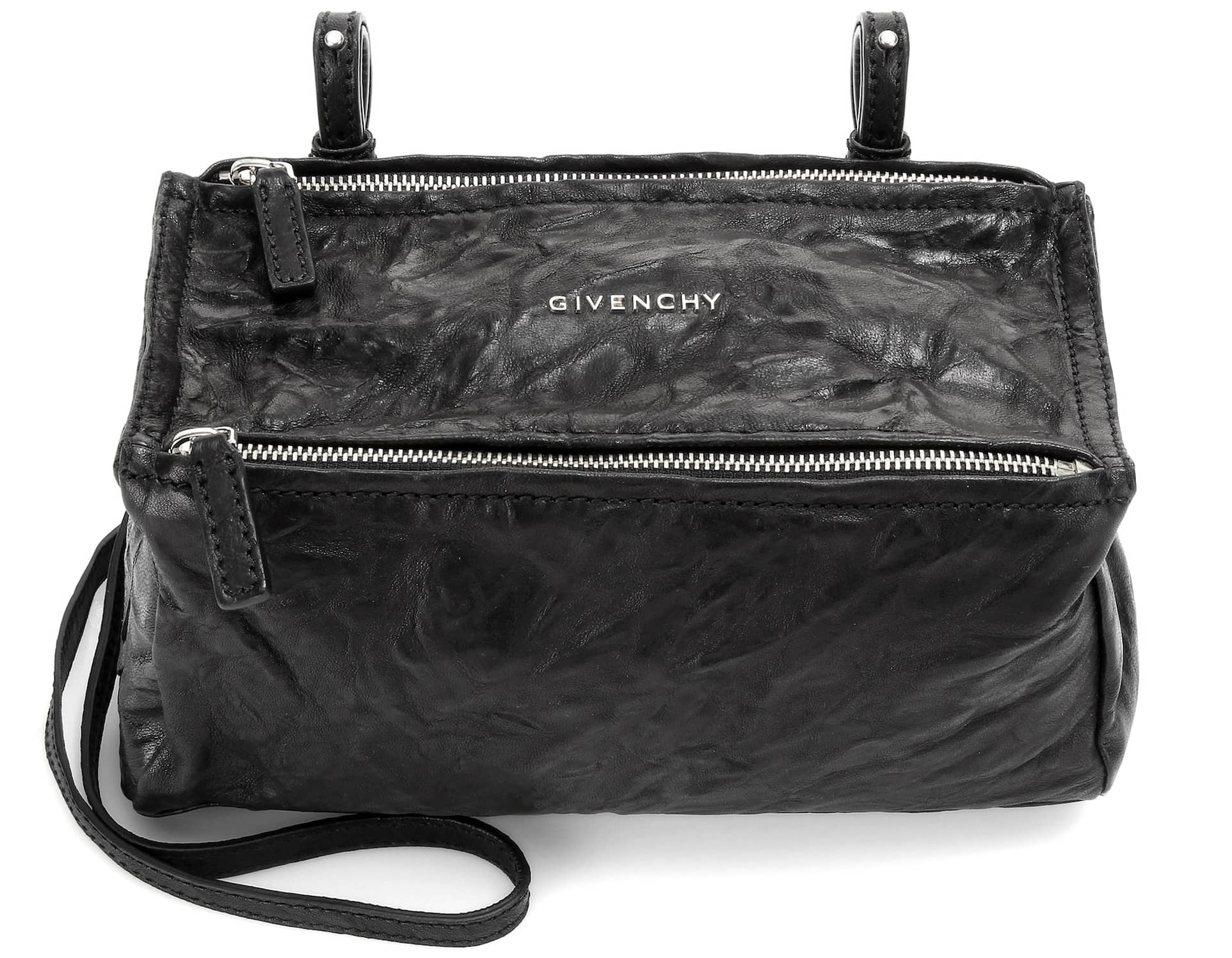 One of Givenchy's most famous bag silhouette, the Pandora is crafted from textured black leather and features an architectural style finished with double zips and a silver-toned logo