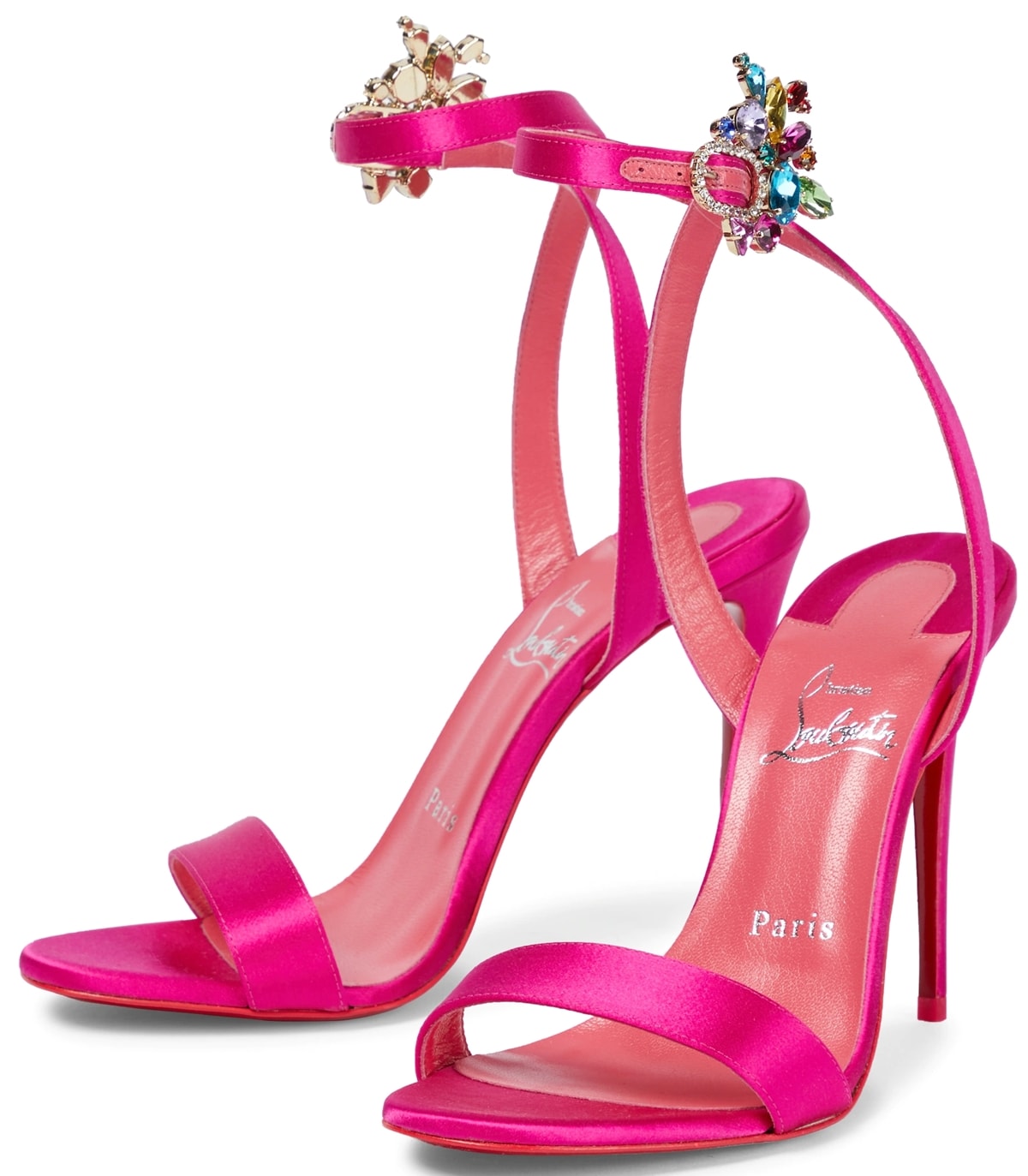 These pink satin Goldie Joli holiday party sandals feature 100mm high stiletto heels and crystal-adorned ankle straps