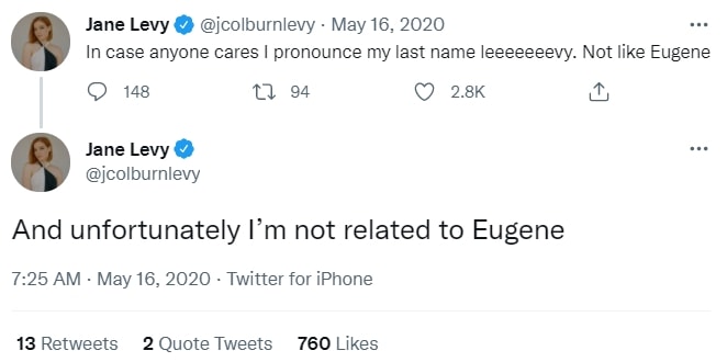 Jane Levy confirmed on Twitter that she's not related to Dan and Eugene Levy