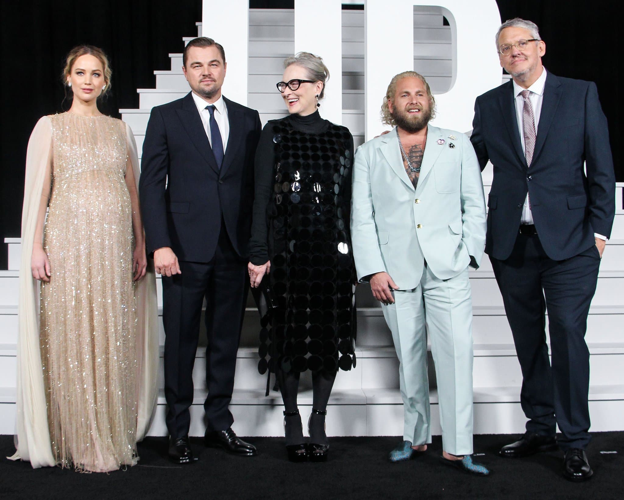 Jennifer Lawrence, Leonardo DiCaprio, Meryl Streep, Jonah Hill and director Adam McKay at the premiere of Don't Look Up held at Jazz at Lincoln Center on December 5, 2021