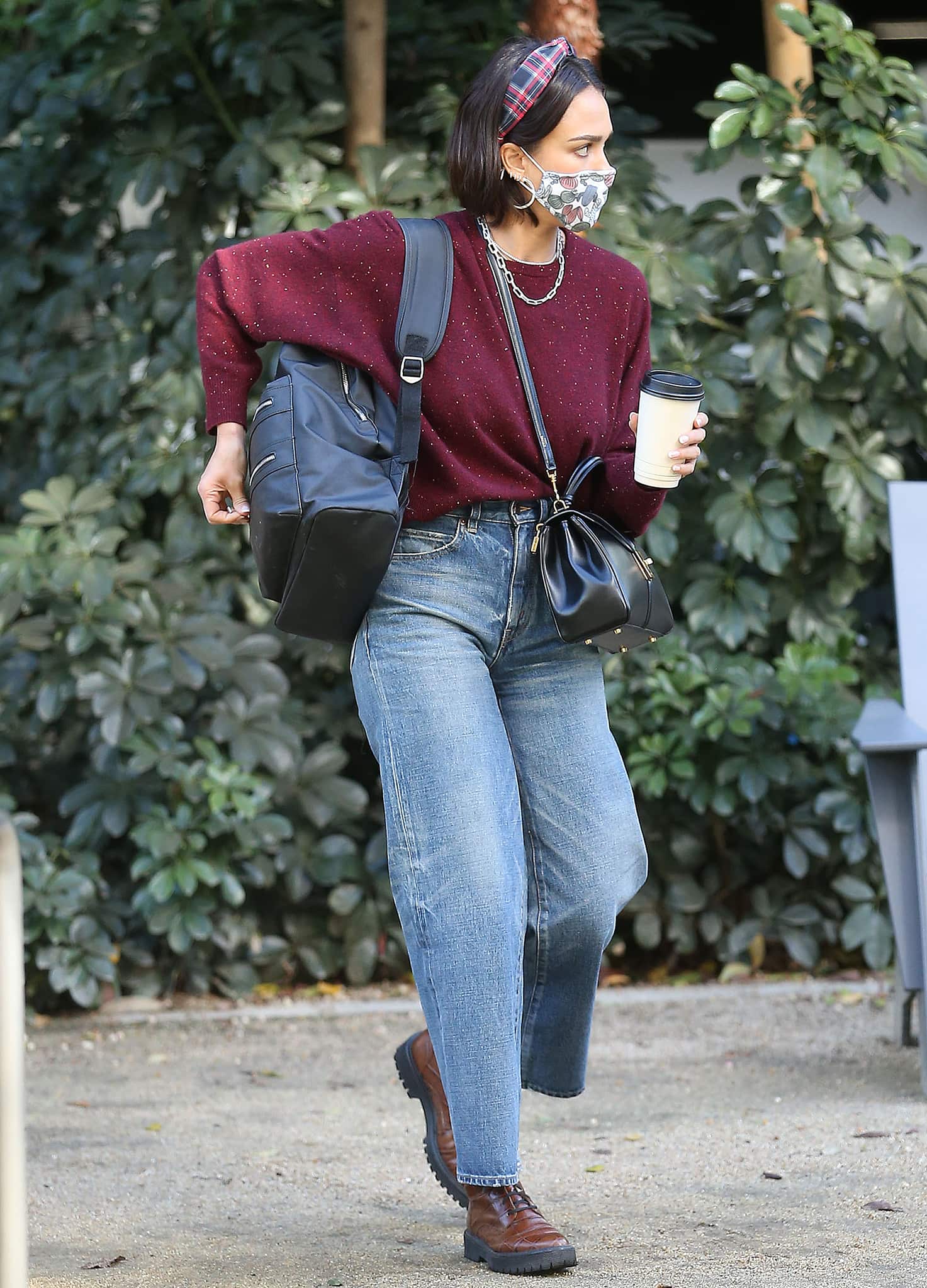 Jessica Alba opts for comfort in The Great. cashmere sweater and loose-fitting jeans