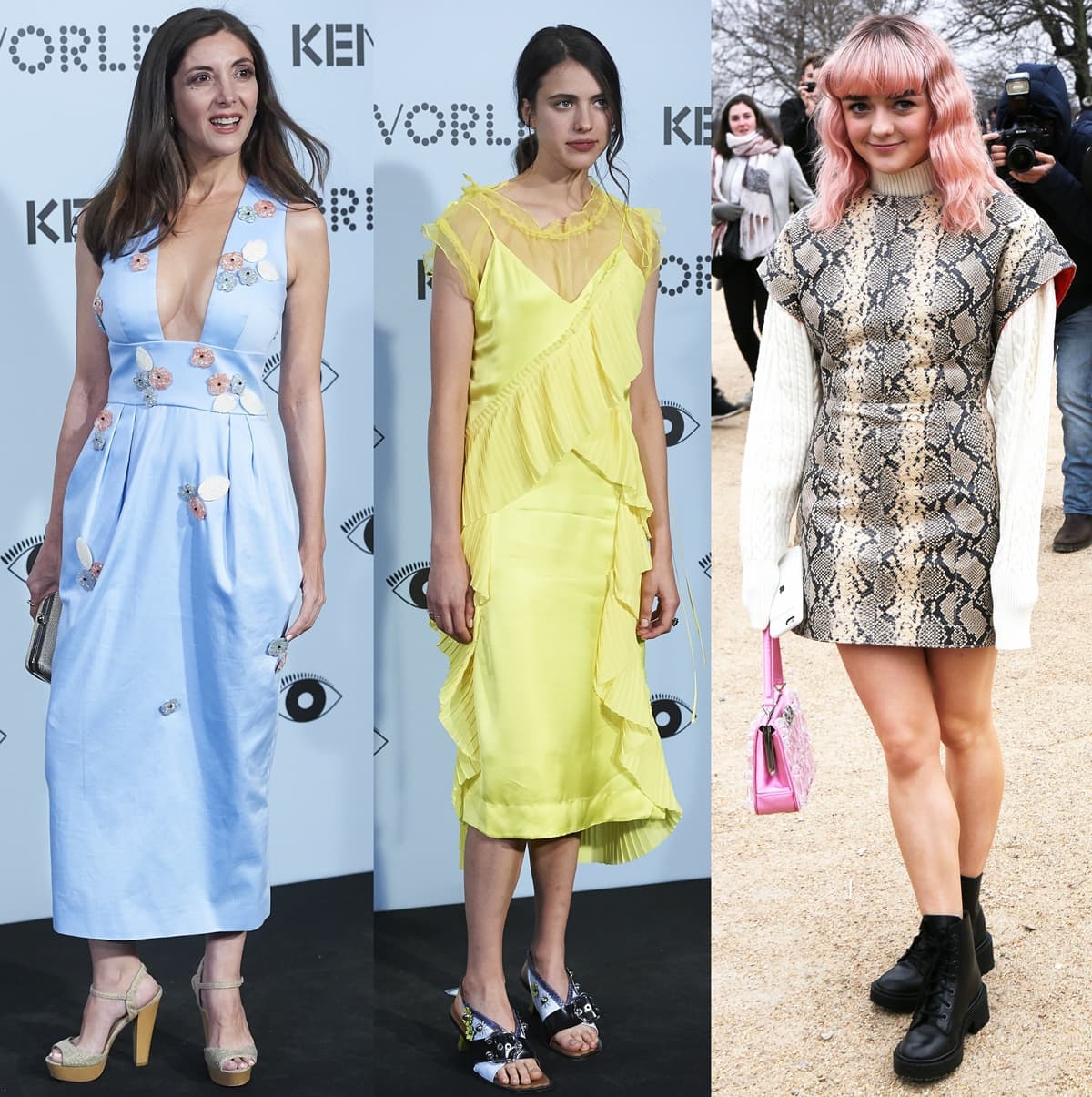 María Laura Espido Freire, Margaret Qualley, and Maisie Williams wearing dresses and shoes by Kenzo