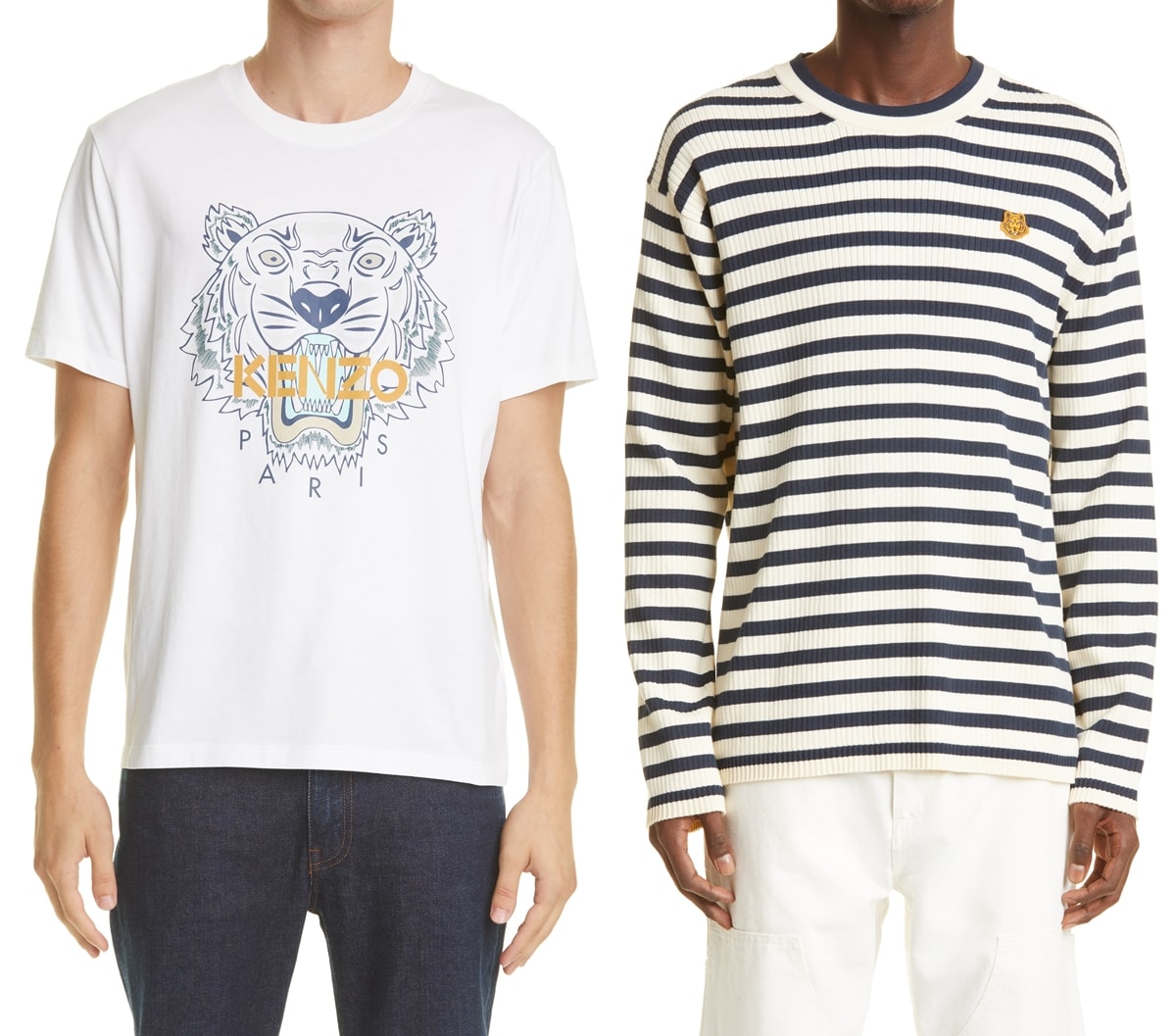 Kenzo's classic tiger T-shirt was made in Portugal and the striped cotton sweater featuring Kenzo's signature tiger-head embroidery was made in Turkey