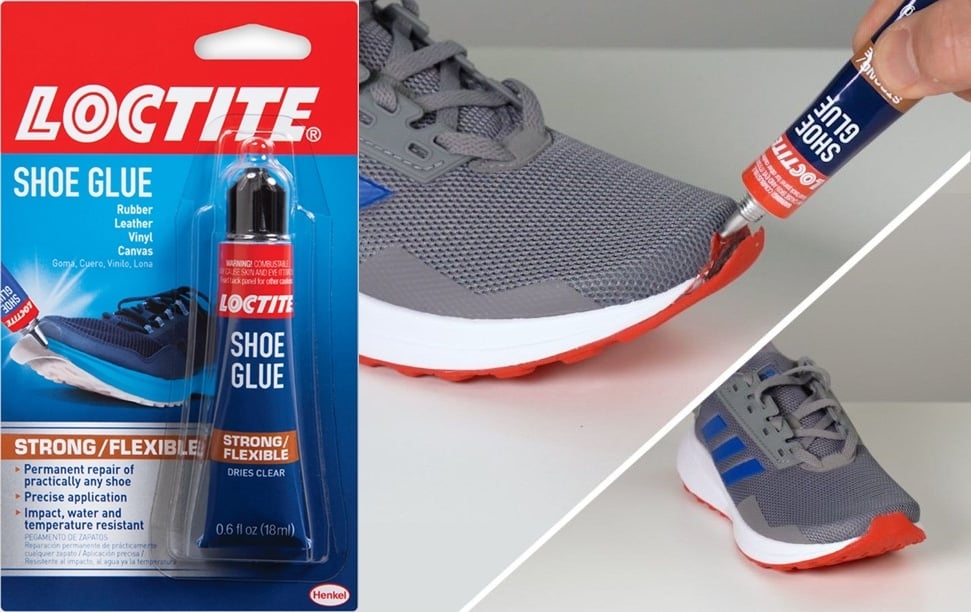 Loctite's shoe glue dries clear and creates a flexible and durable bond that has excellent resistance to vibration, impact, moisture, and extreme temperatures, offering long reliability anywhere it is used