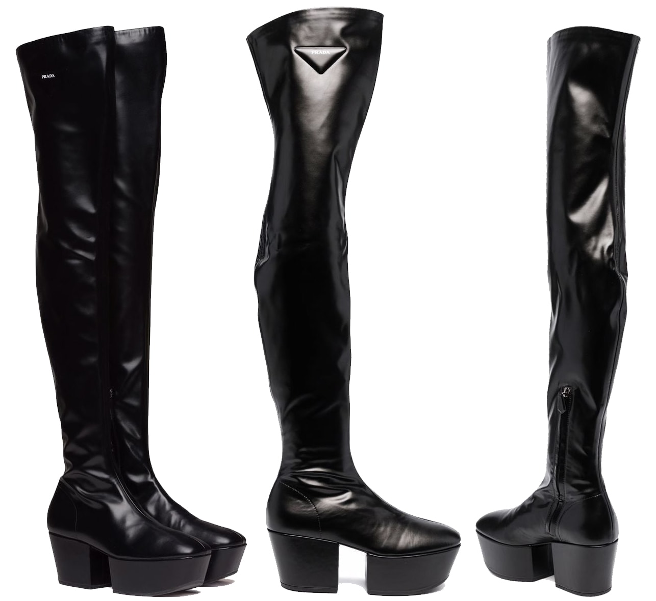 These Prada over-the-knee boots boast contemporary square toes with thick platforms and heels