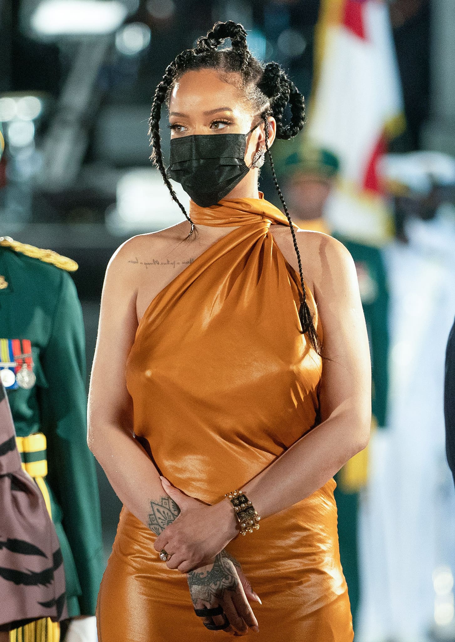 Rihanna's dress is made from fluid twill and features a halter neck