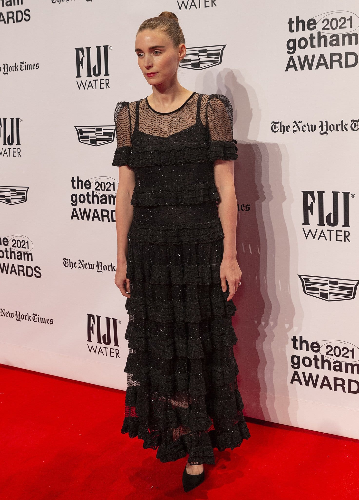 Rooney Mara wears a recycled Givenchy Haute Couture black lace gown
