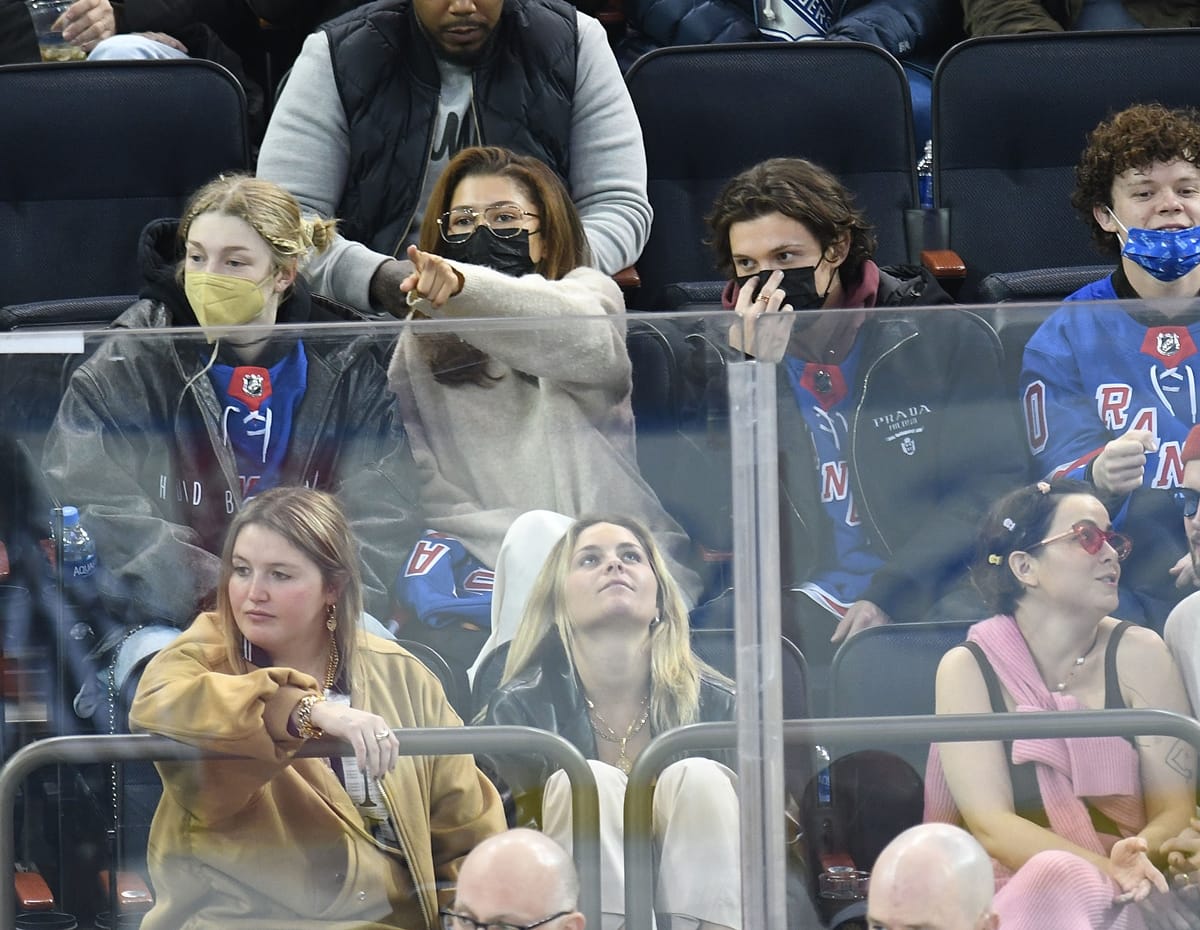 Tom Holland, Zendaya, Tom's younger brother Harry Holland, and Zendaya's Euphoria co-star Hunter Schafer attending a New York Rangers hockey game