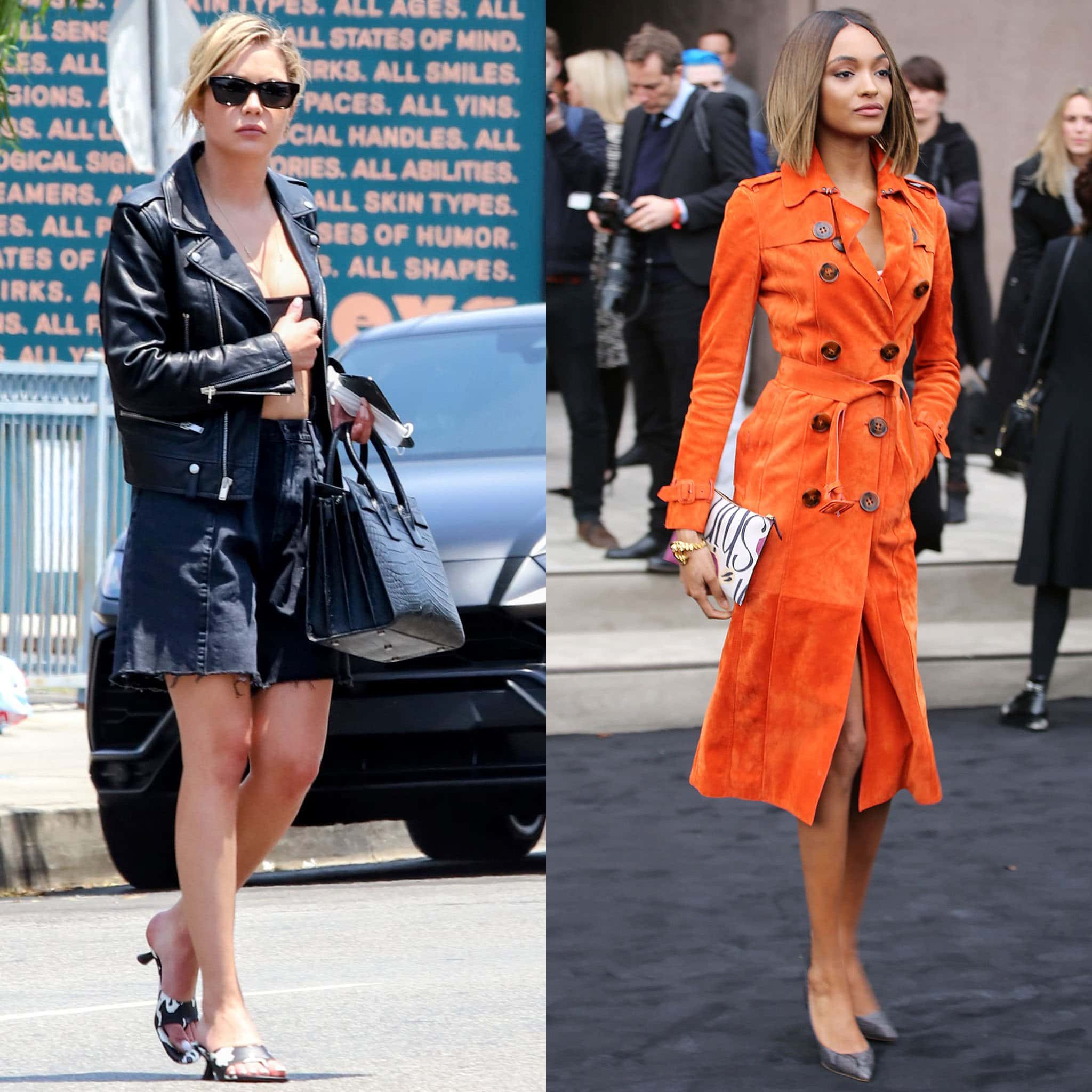 Ashley Benson is summery in crop top, denim shorts, and cow-print mules, while Jourdan Dunn looks cozy in her orange winter coat and reptile pumps