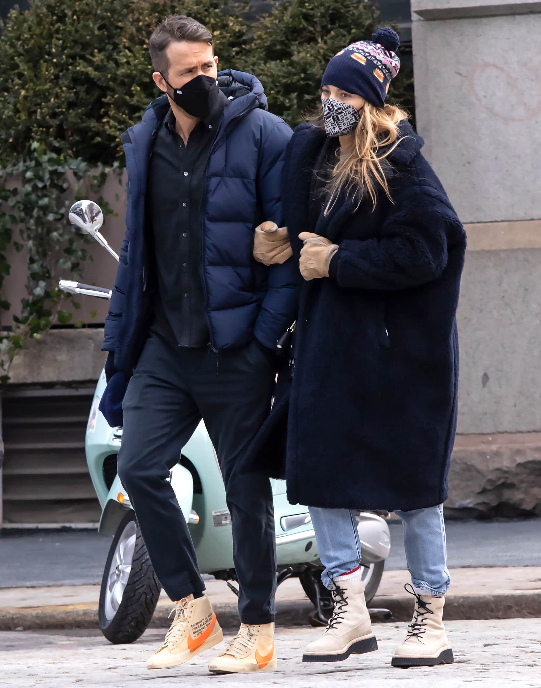 Blake Lively matches her husband in a navy Max Mara Teddy coat and DL1961 Emilie jeans