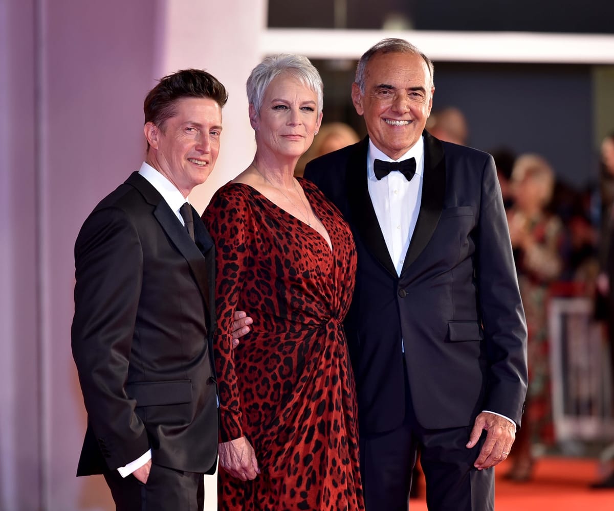 Director David Gordon Green, Jamie Lee Curtis, and Alberto Barbera attend the red carpet of the movie "Halloween Kills"