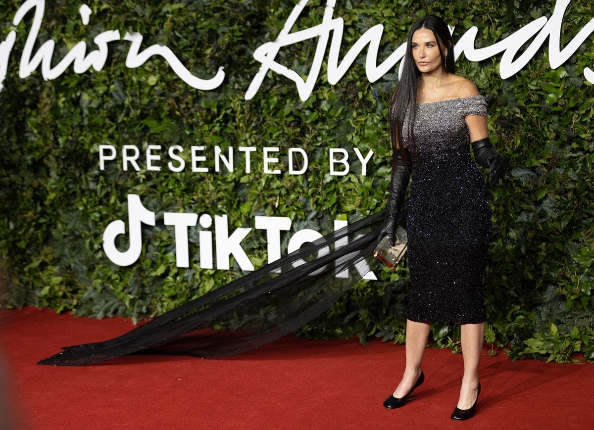 Iconic actress Demi Moore in an off-the-shoulder dress by Fendi at The Fashion Awards 2021