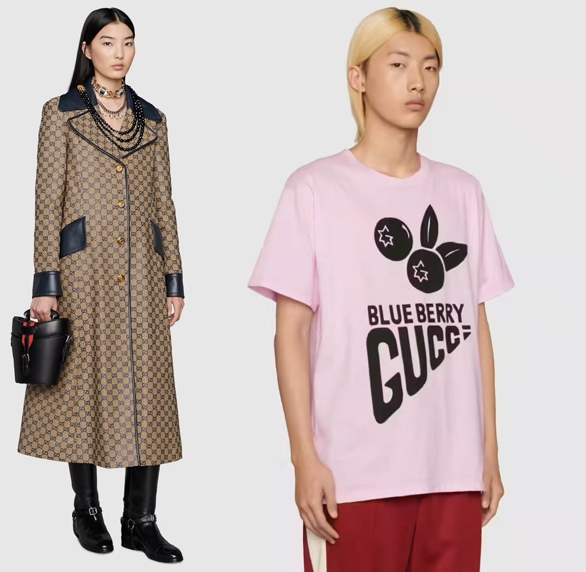 GG canvas coat with crystals and 'Blueberry Gucci' cotton T-shirt from the Italian luxury fashion house Gucci