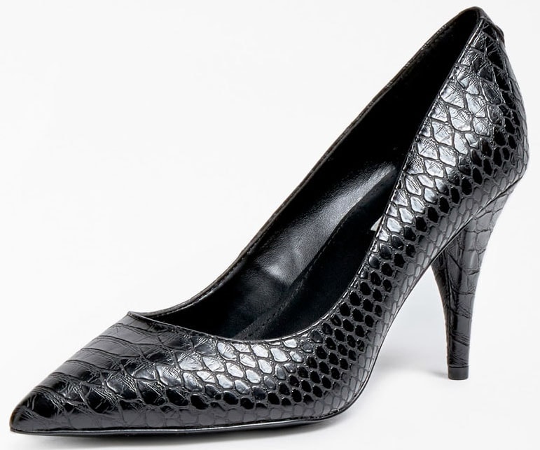 The Rajani court pumps come in classic black synthetic python leather material