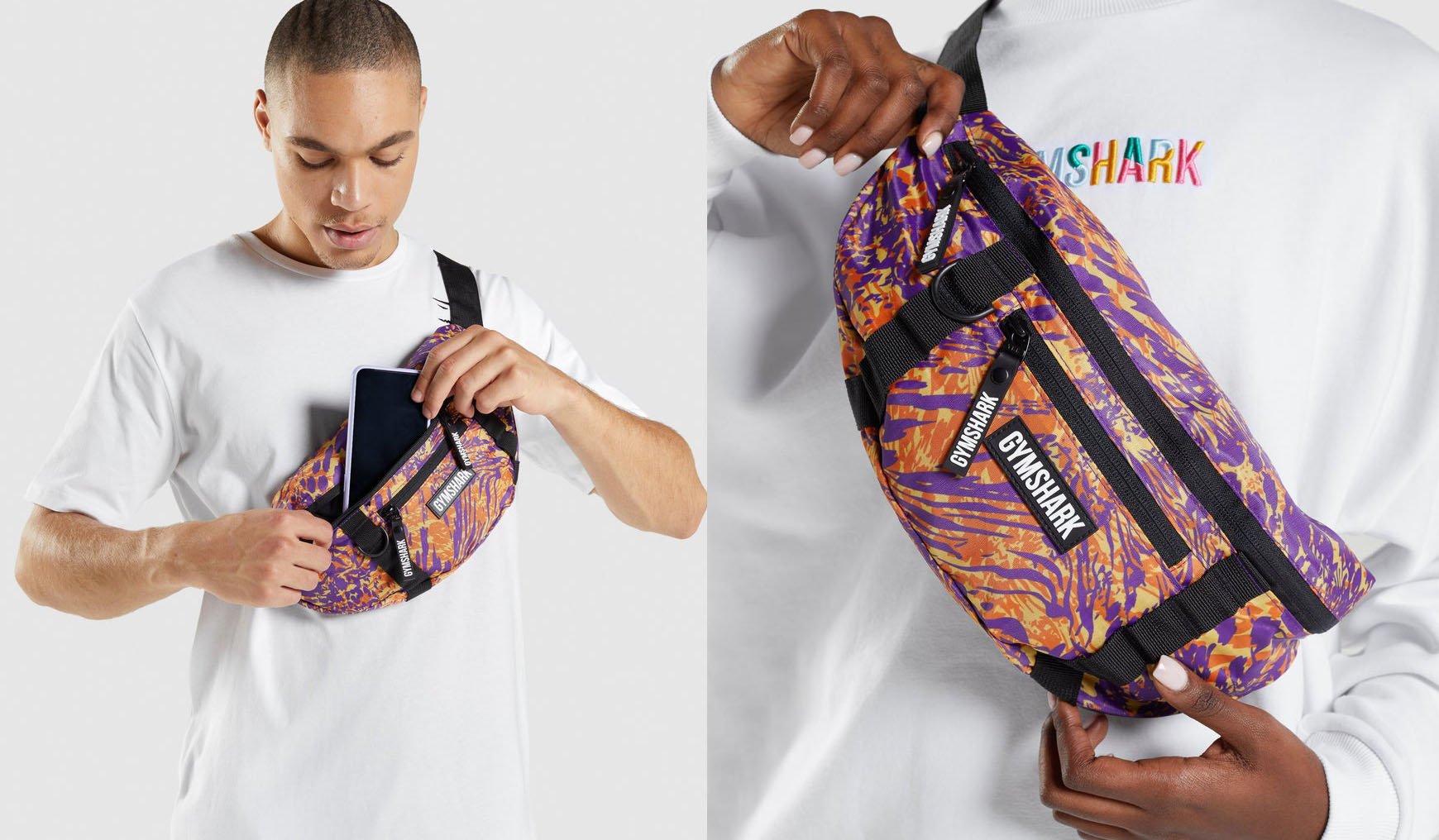 A unisex sling bag from activewear label Gymshark, the Manimal features a bold print in purple and orange colors and an adjustable body strap