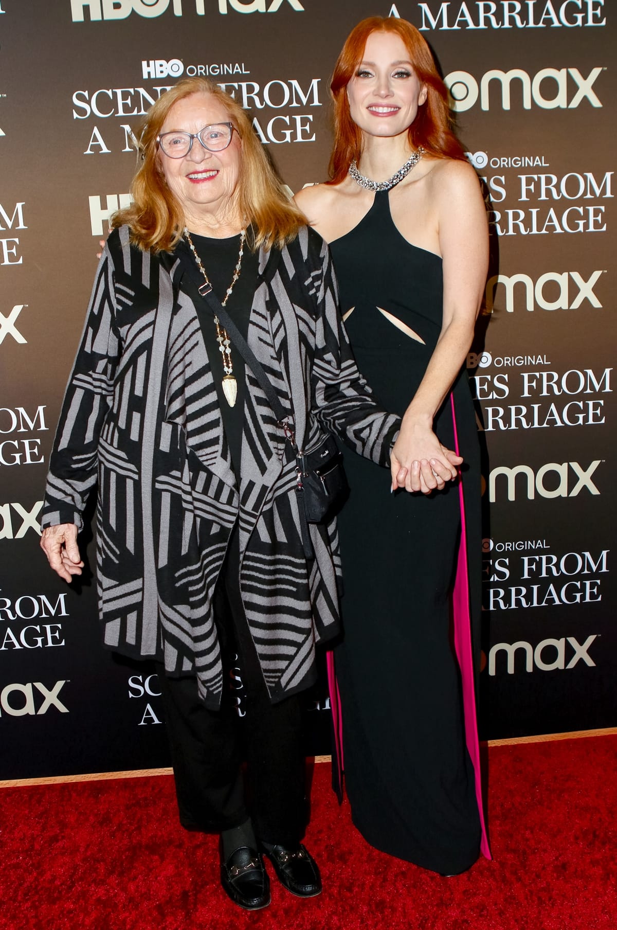 Jessica Chastain in a Stella McCartney dress with her grandmother Marilyn Herst at a special screening of Scenes From A Marriage
