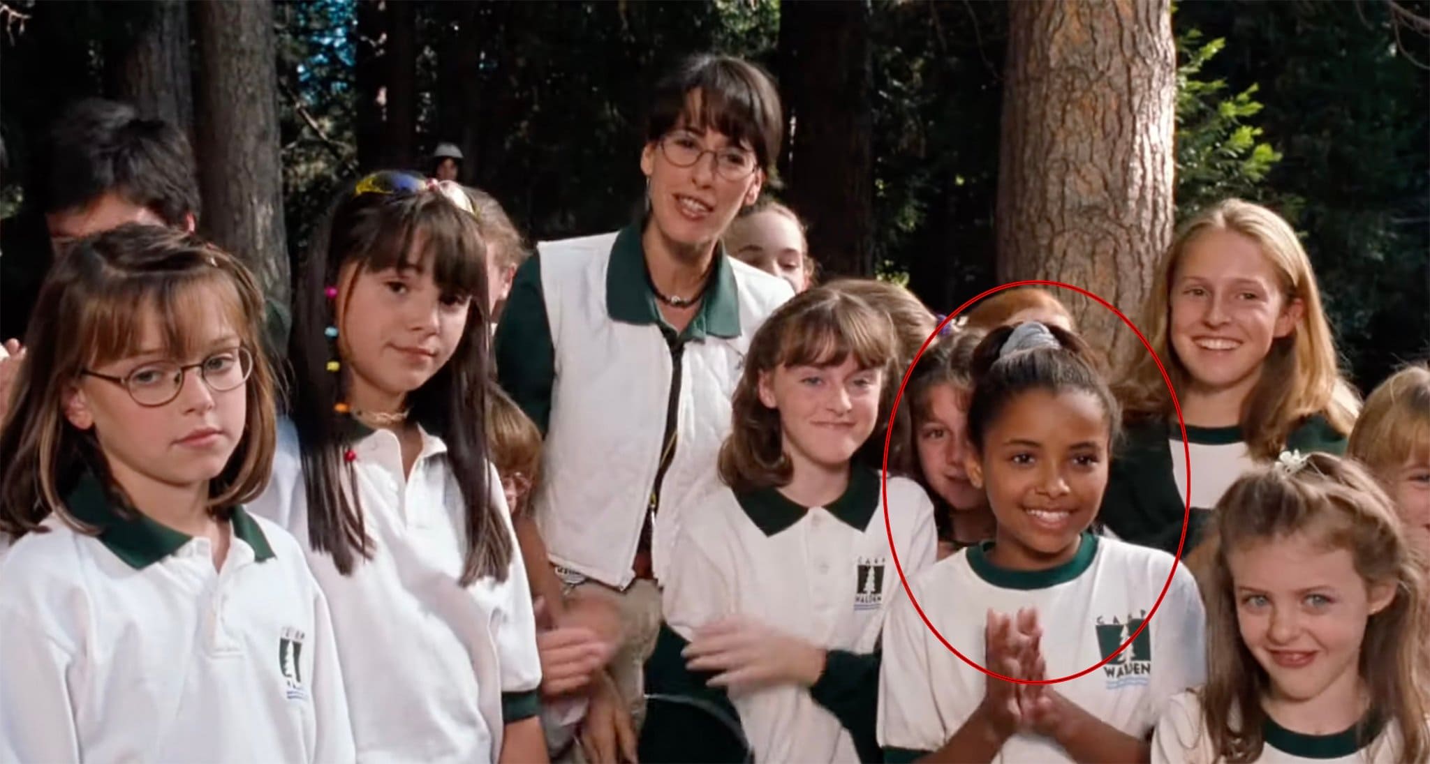 A young Kat Graham (circled) in her role as Jackie, a camper at Camp Walden, in The Parent Trap (1998)