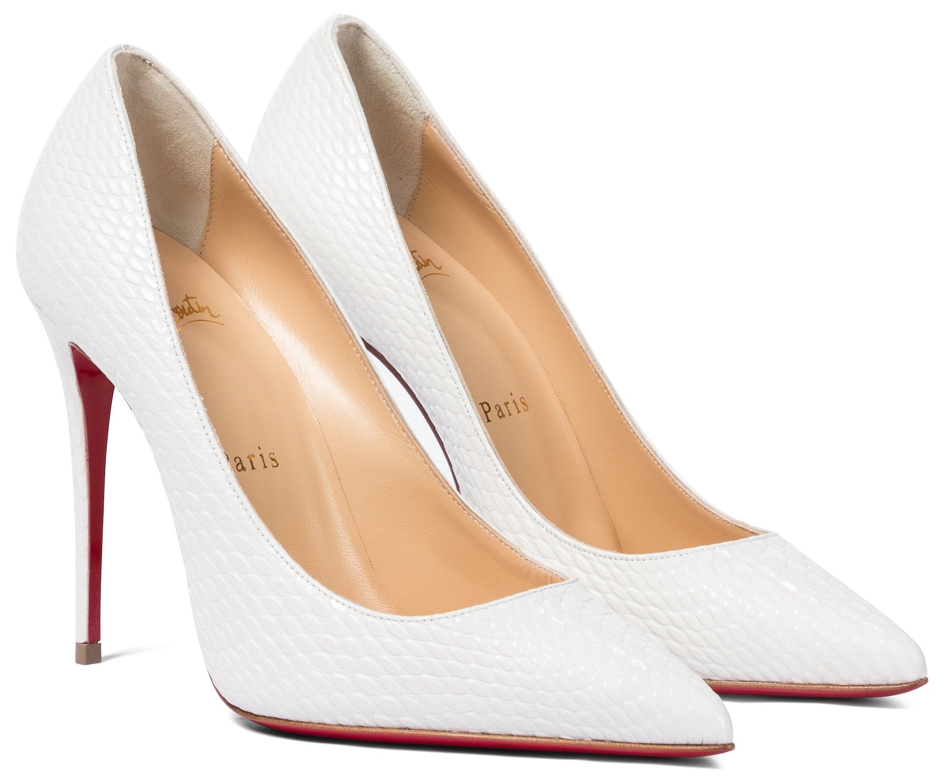 An iconic Louboutin silhouette, these Kate pumps are timeless in pristine white snake-embossed leather
