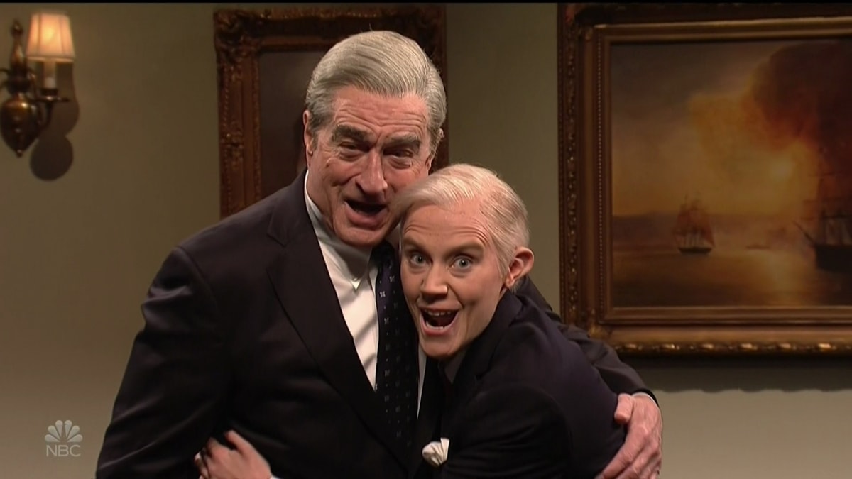 Robert De Niro portrays Robert Mueller and Kate McKinnon portrays Jeff Sessions during the 855th episode of "Saturday Night Live"