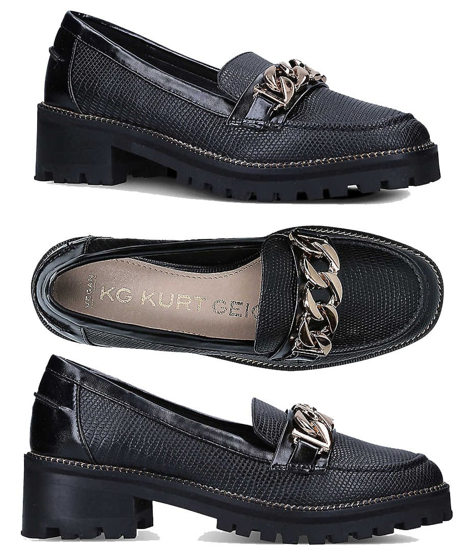 Chunky chain detailing and rugged heels bring a modern edge to these timeless lizard-textured loafers, blending classic and contemporary style seamlessly
