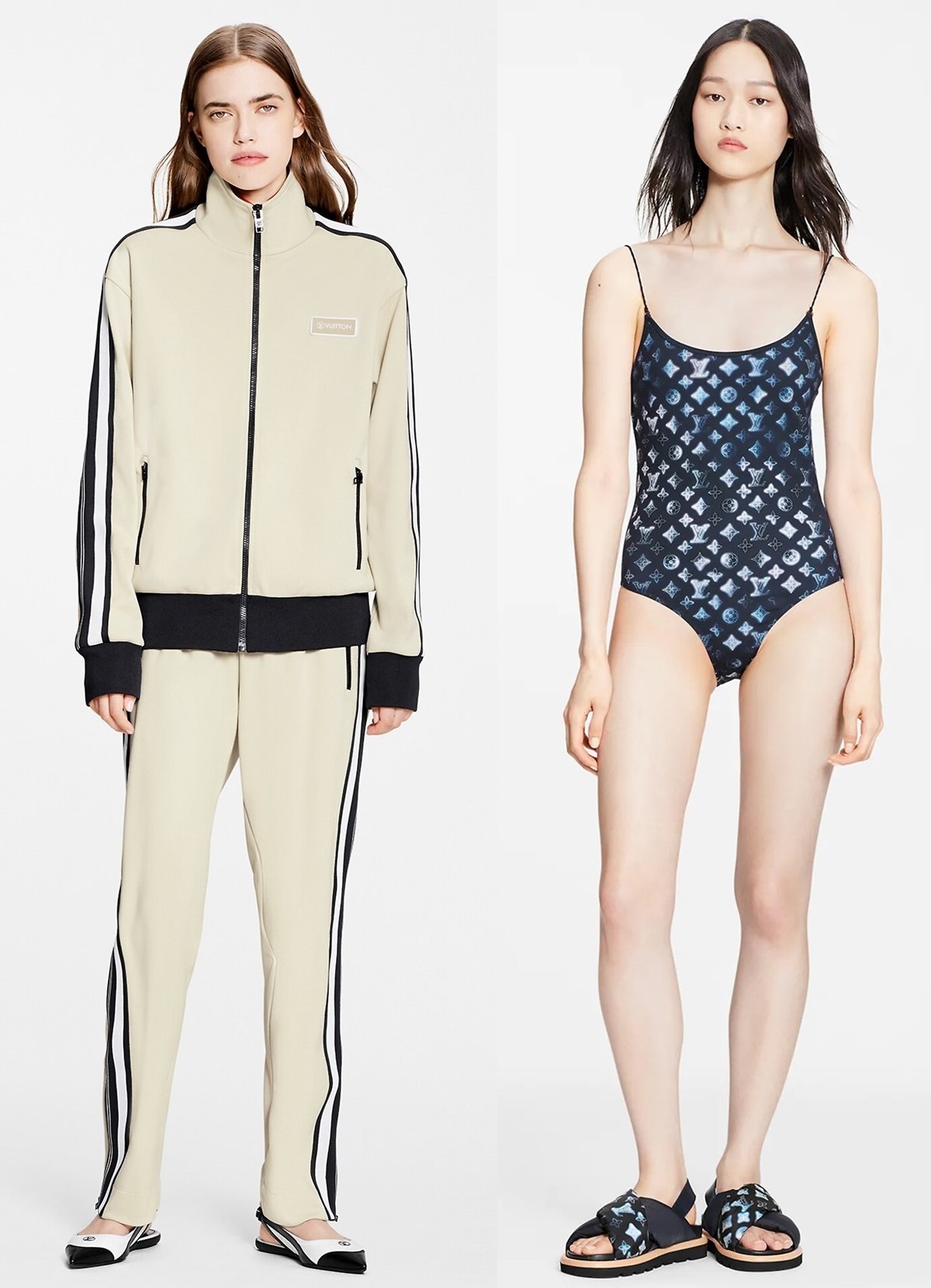 Sporty zip-up jacket with rubber LV Vuitton patch and an allover Mahina Monogram one-piece swimsuit from French fashion house and luxury goods company Louis Vuitton