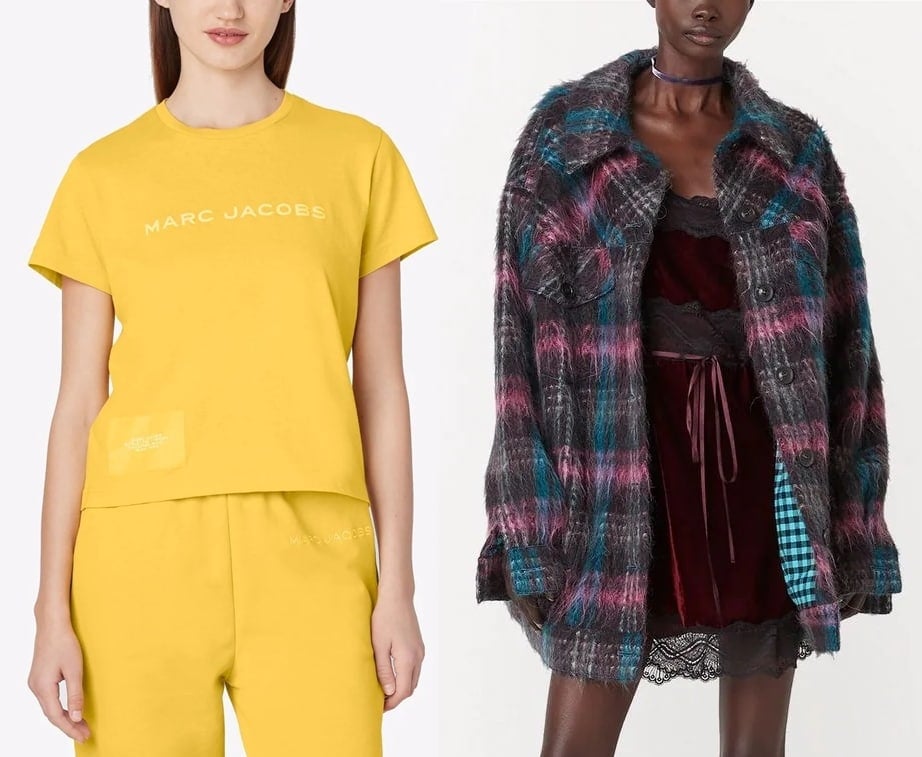 Lemon yellow t-shirt cotton top and purple/pink/green oversized plaid jacket from American fashion designer Marc Jacobs