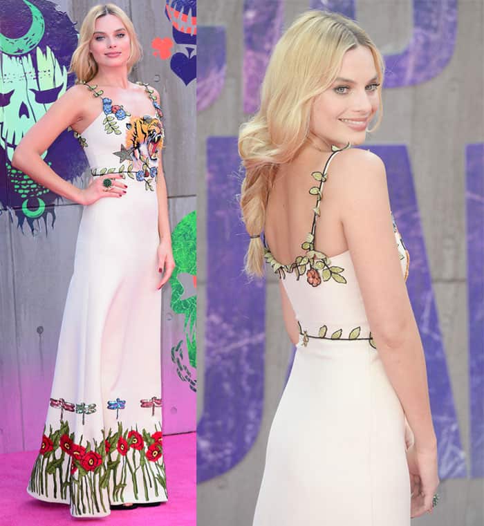 Margot Robbie styles her floor-length dress with Cartier jewelry and Jimmy Choo shoes