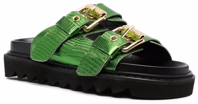 Make a chic summer statement with these chunky green snakeskin-effect leather sandals from Moschino