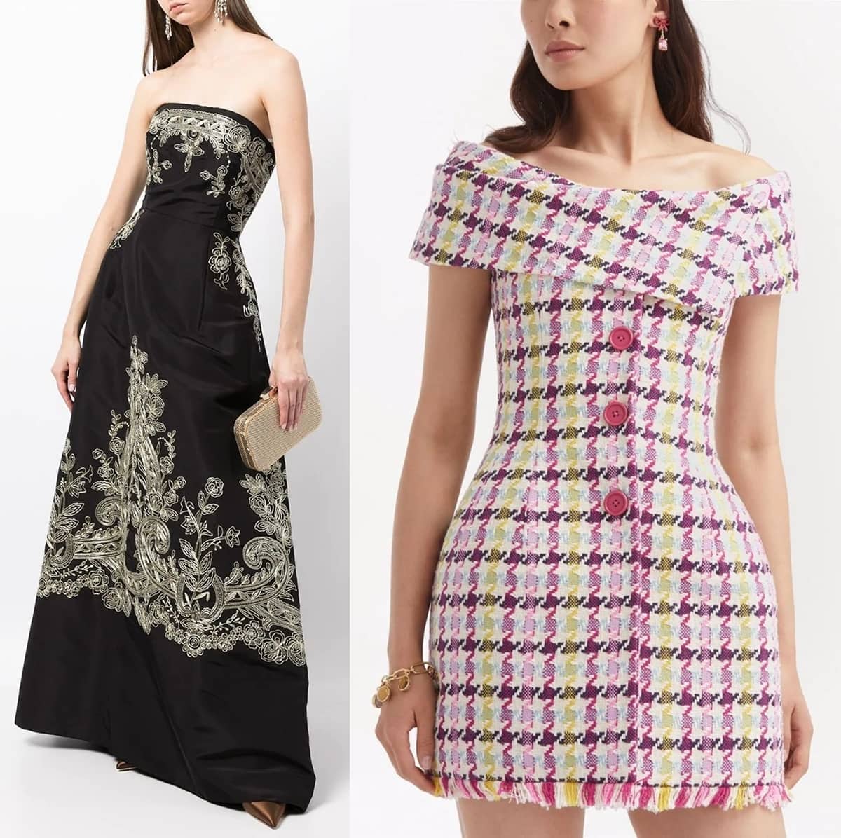 Black silk strapless embroidered ballgown and pink tweed off-shoulder mini dress from Oscar de la Renta