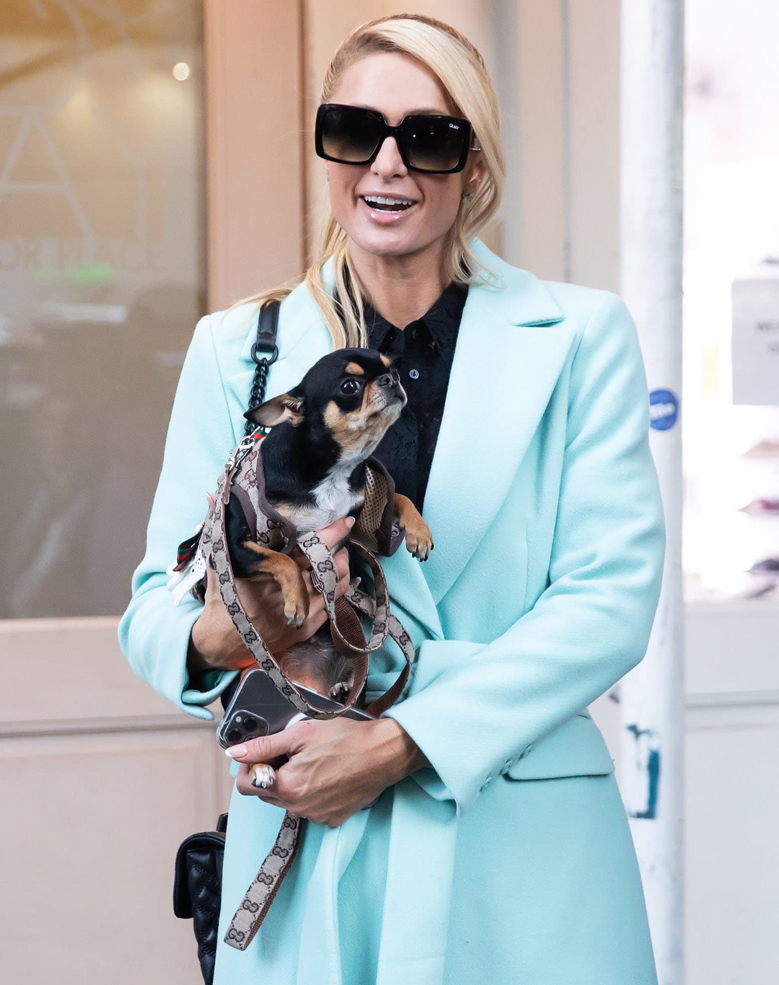 Paris Hilton flashing her pearly whites while carrying her teacup chihuahua, Diamond Baby