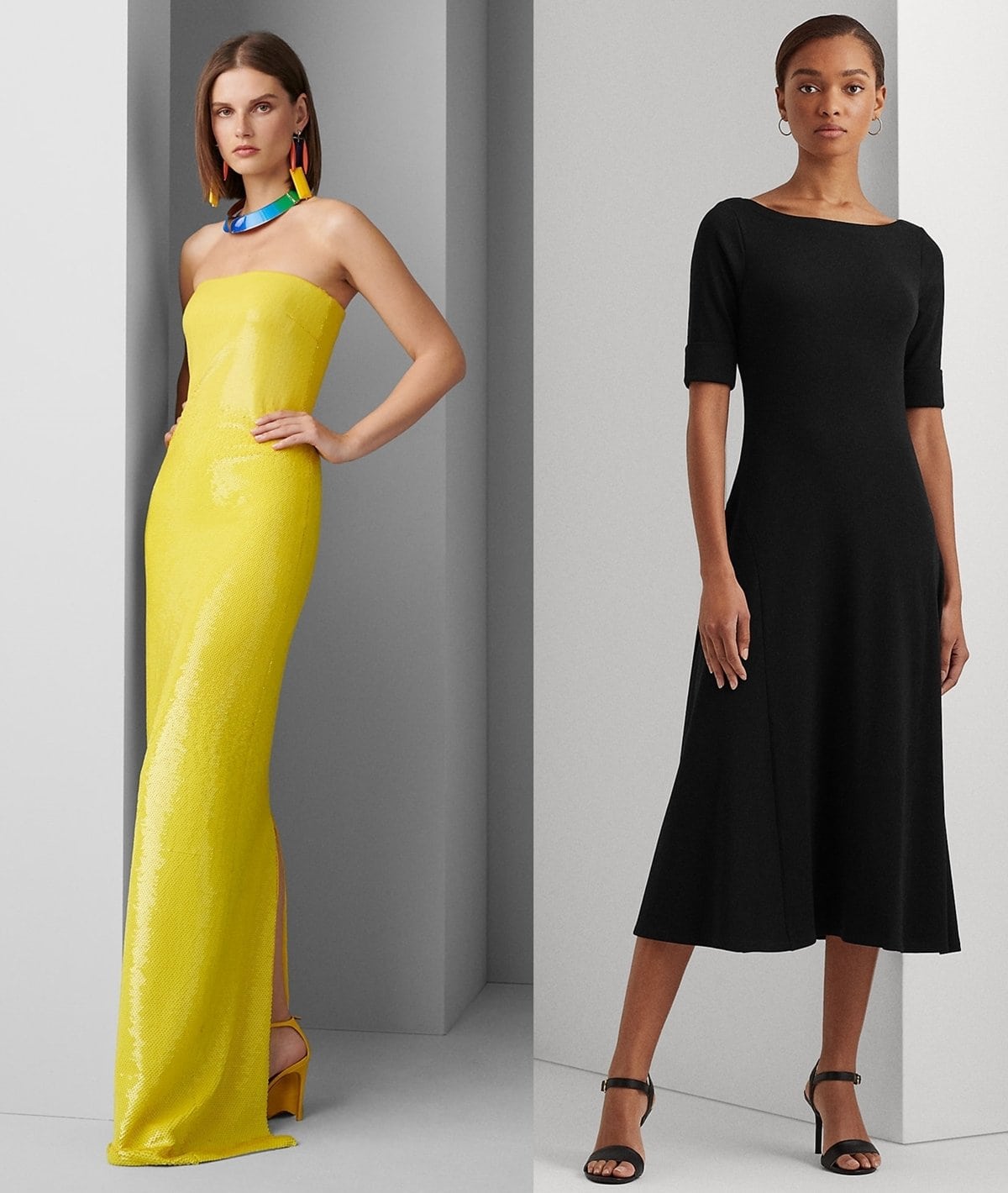 Sequined sunshine yellow strapless gown and fit-and-flare midi dress from the American publicly-traded fashion company Ralph Lauren Corporation