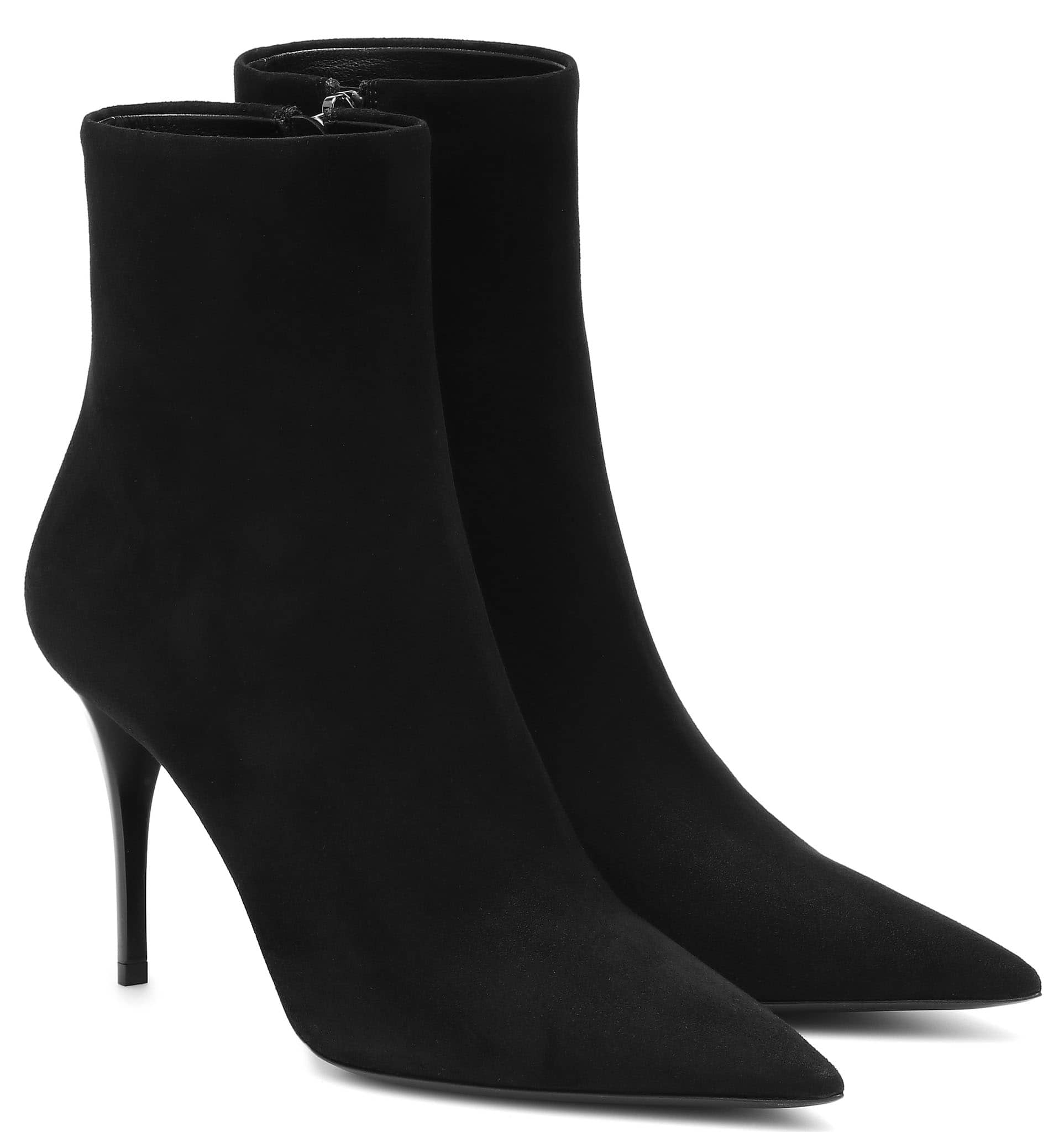 The Lexi suede boots have sharply pointed toes, side zips, and thin stiletto heels