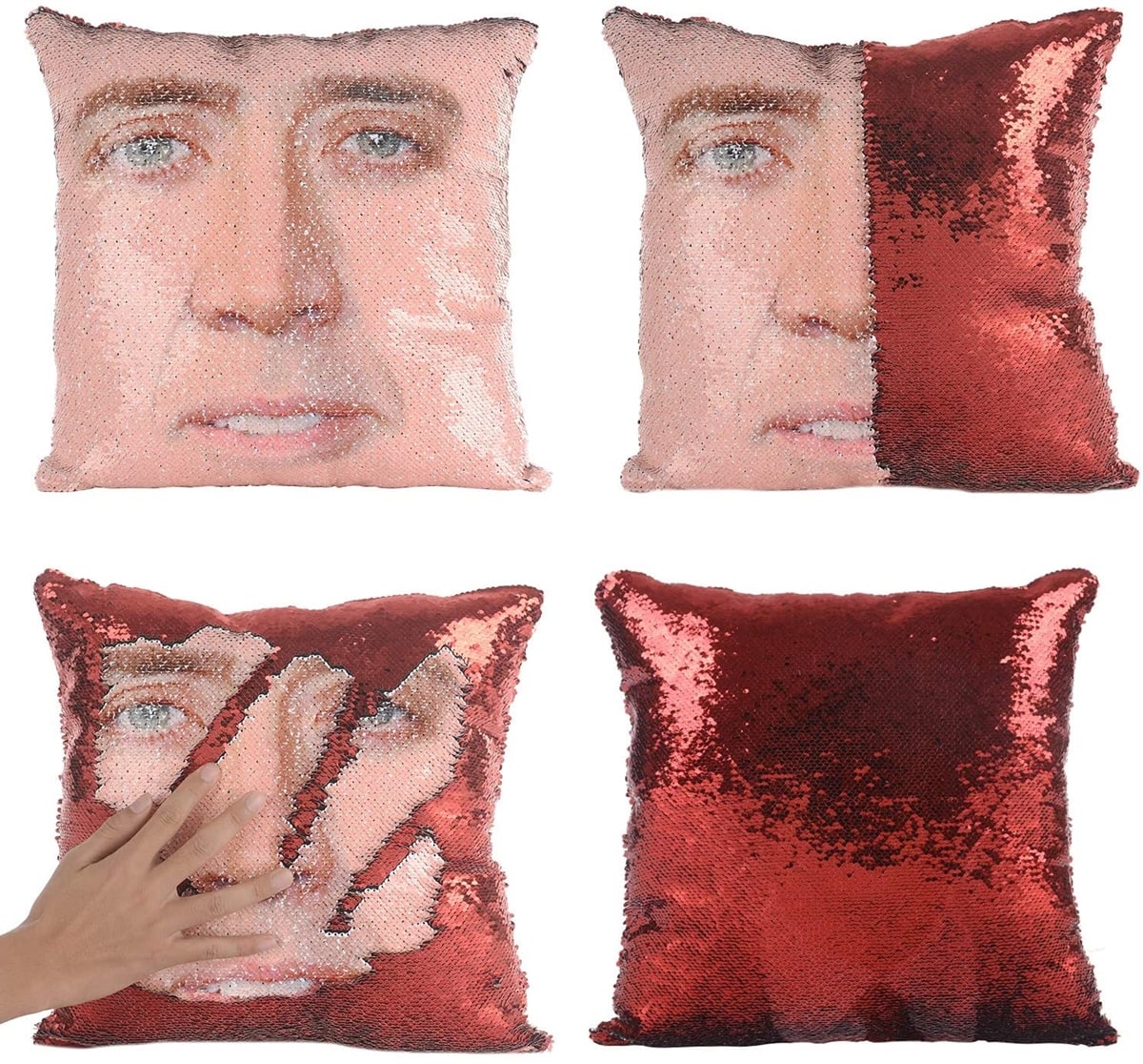 A sequin pillow cover with Nicolas Cage's face designed with a different pattern