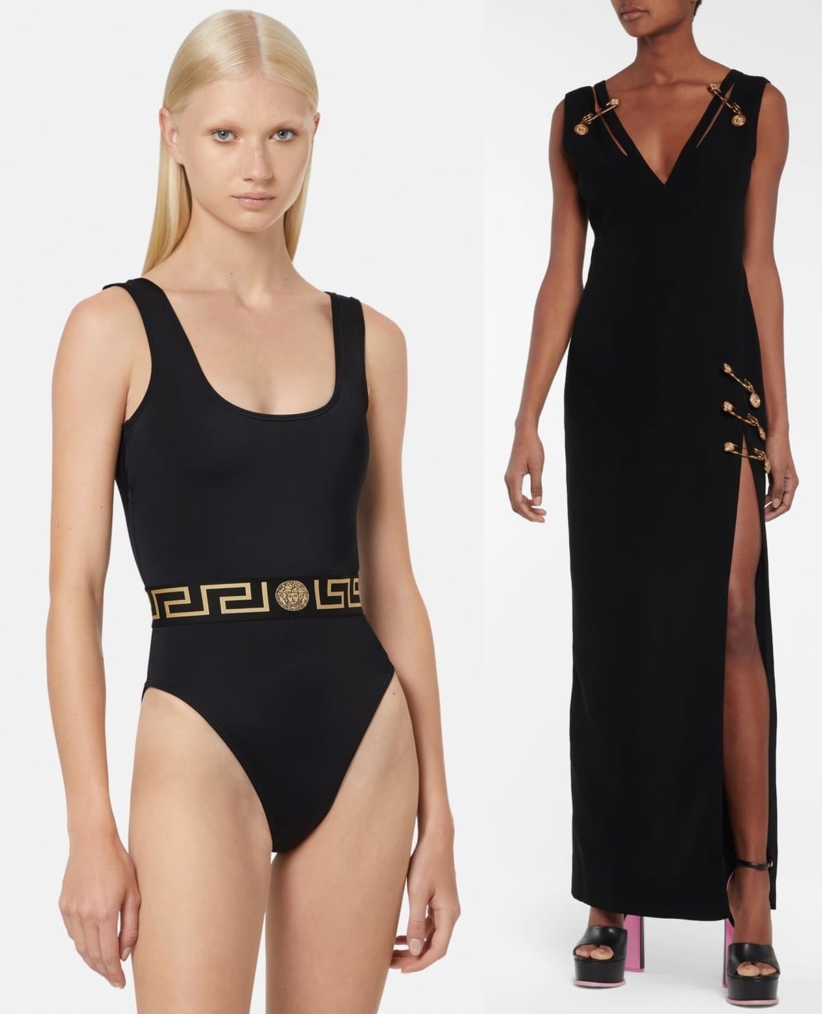 One-piece black swimsuit printed with Versace's signature Medusa head motif and Greca belt detail and a safety Pin silk maxi dress