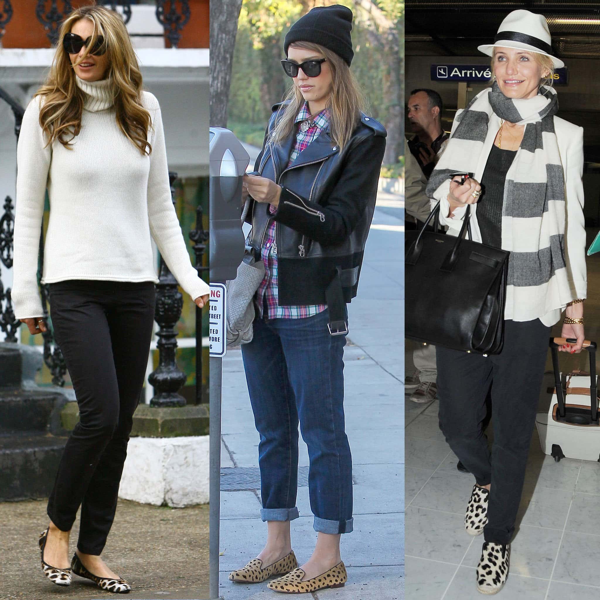 Elle Macpherson, Jessica Alba, and Cameron Diaz pair statement animal-print shoes with laid-back ensembles