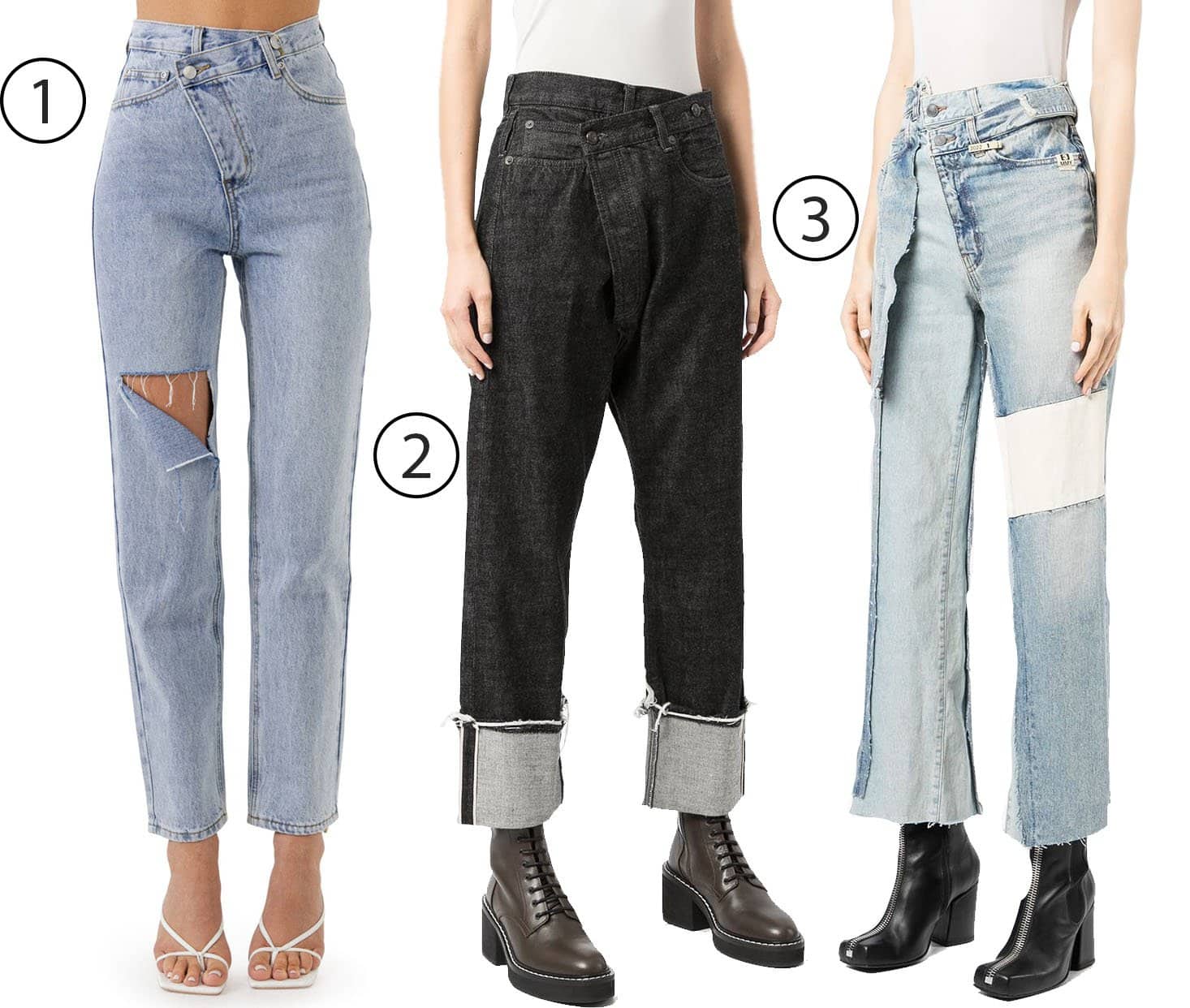 Make a bold statement with Grey Lab asymmetric wrap jeans, R13 asymmetric cropped jeans, and Maison Mihara Yasuhiro asymmetric patchwork-design jeans