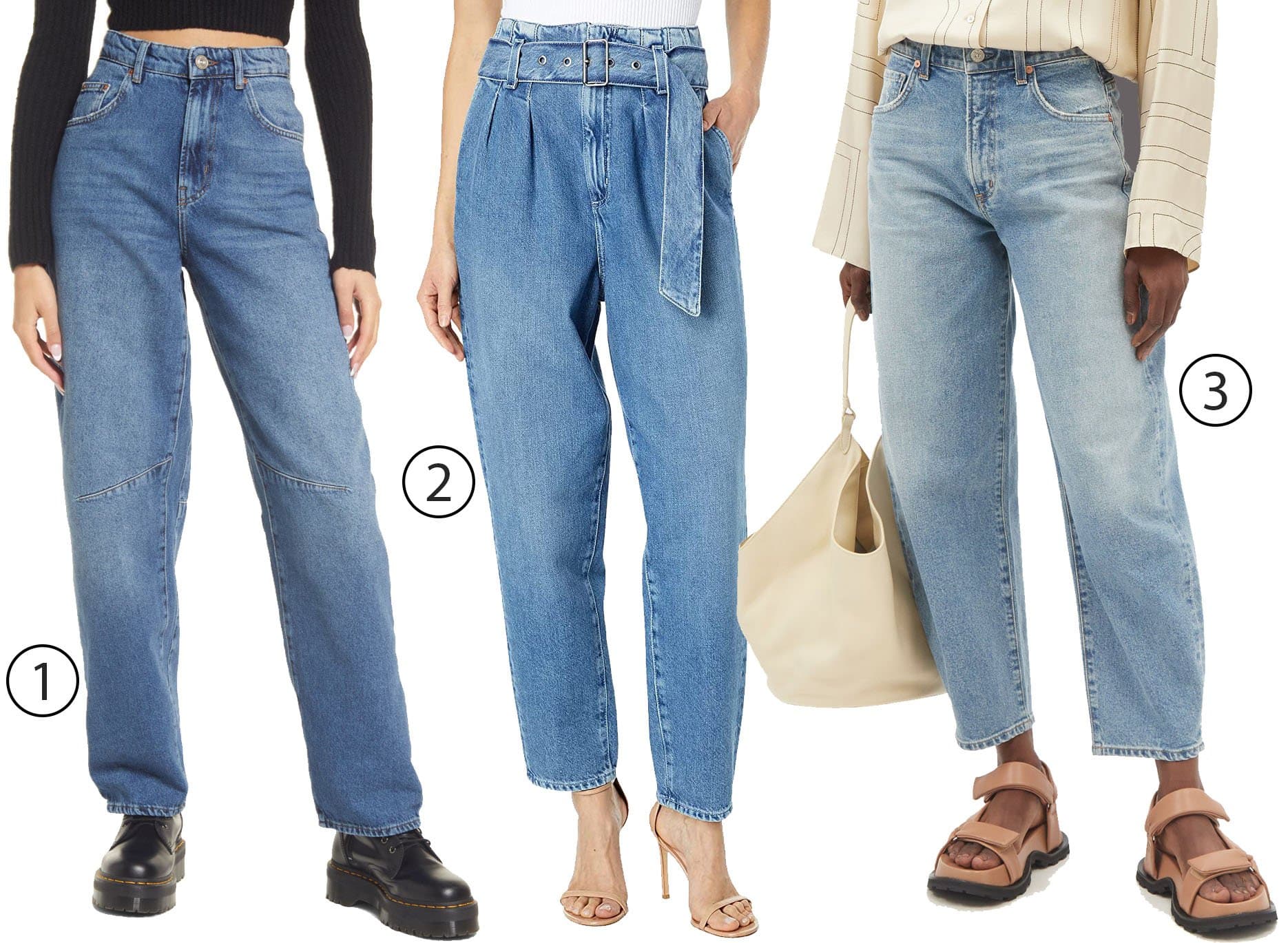 BDG Urban Outfitters Logan barrel-leg jeans, AG Adriano Goldschmied Renn high-rise barrel jeans, and Citizens of Humanity Calista cropped barrel-leg jeans for a sleek, modern twist
