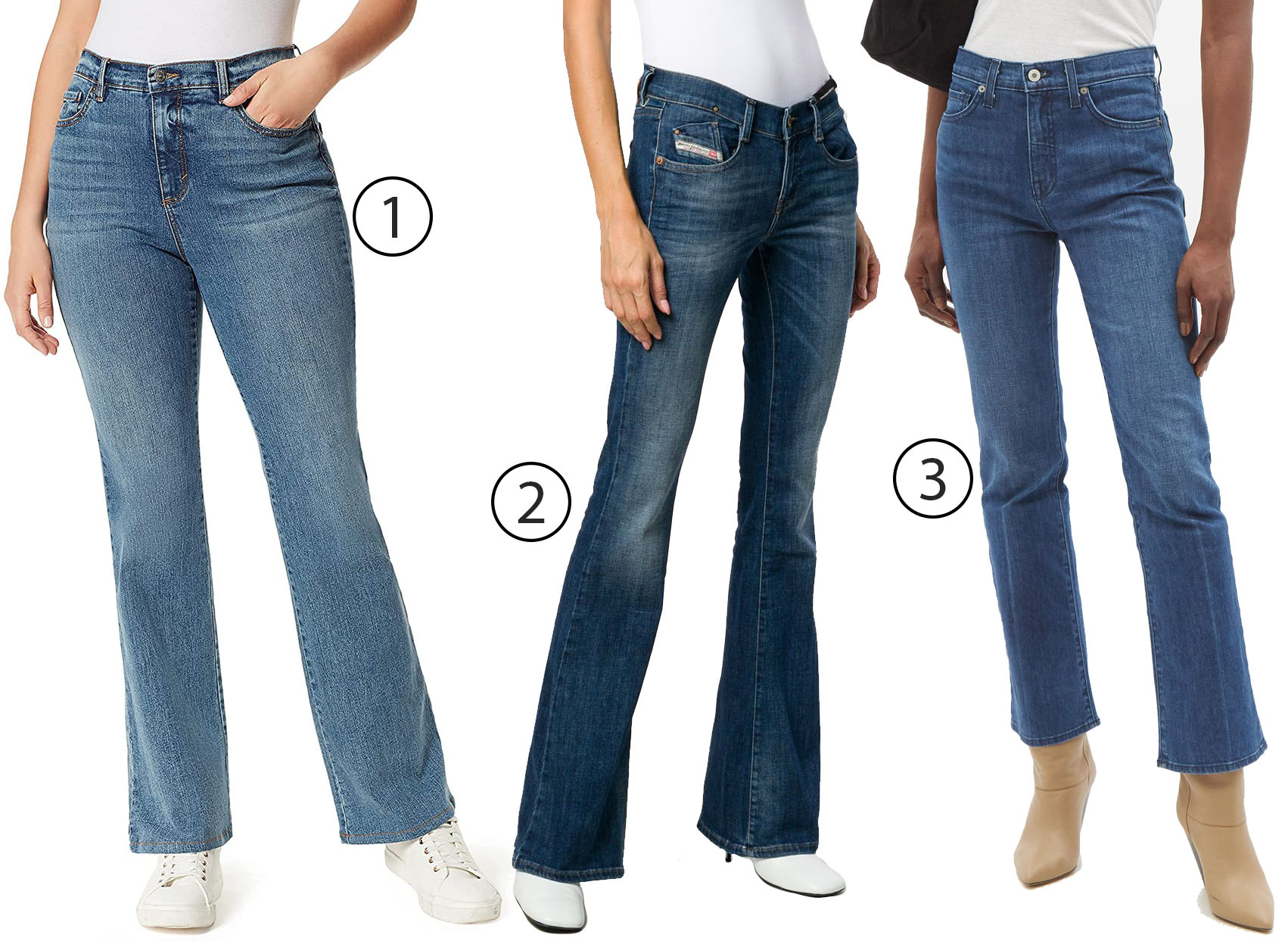 Embrace the '70s vibe with these choices: Gloria Vanderbilt Amanda hr boot cut jeans, Diesel bootcut D-Ebbey jeans, and Nili Lotan high-rise bootcut jeans