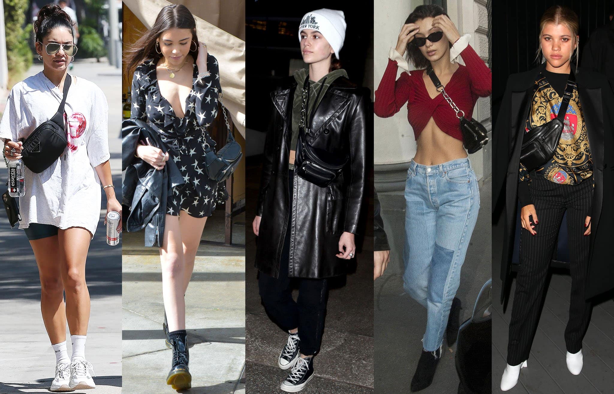 Vanessa Hudgens, Madison Beer, Kaia Gerber, Bella Hadid, and Sofia Richie carrying trendy sling bags