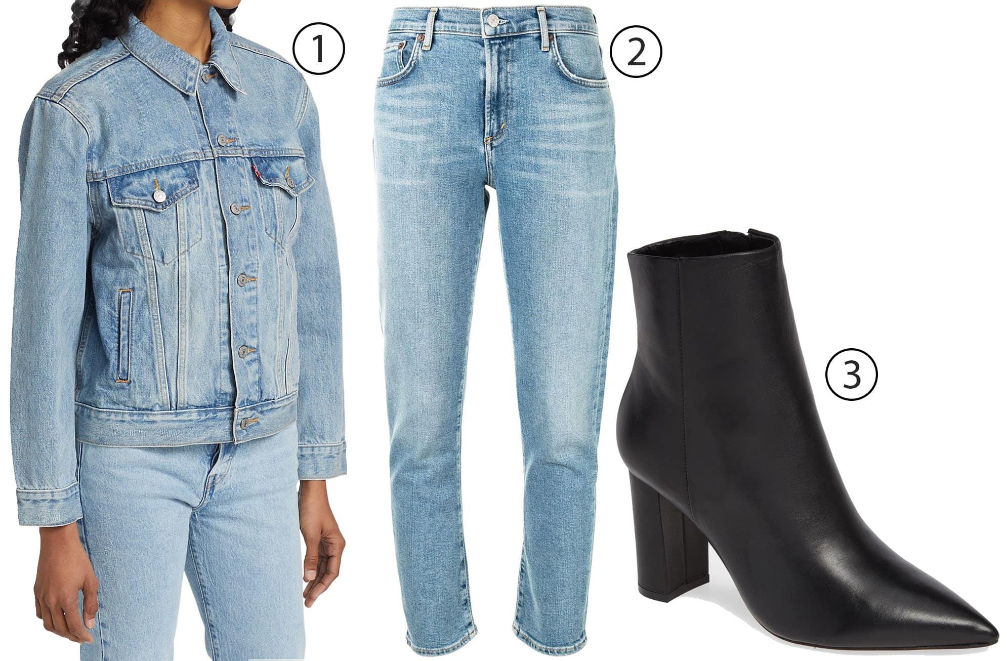 1. Levi's Ex-Boyfriend Denim Trucker Jacket 2. Agolde Cropped Mid-Rise Skinny Jeans 3. Marc Fisher Ulani Pointy Toe Bootie