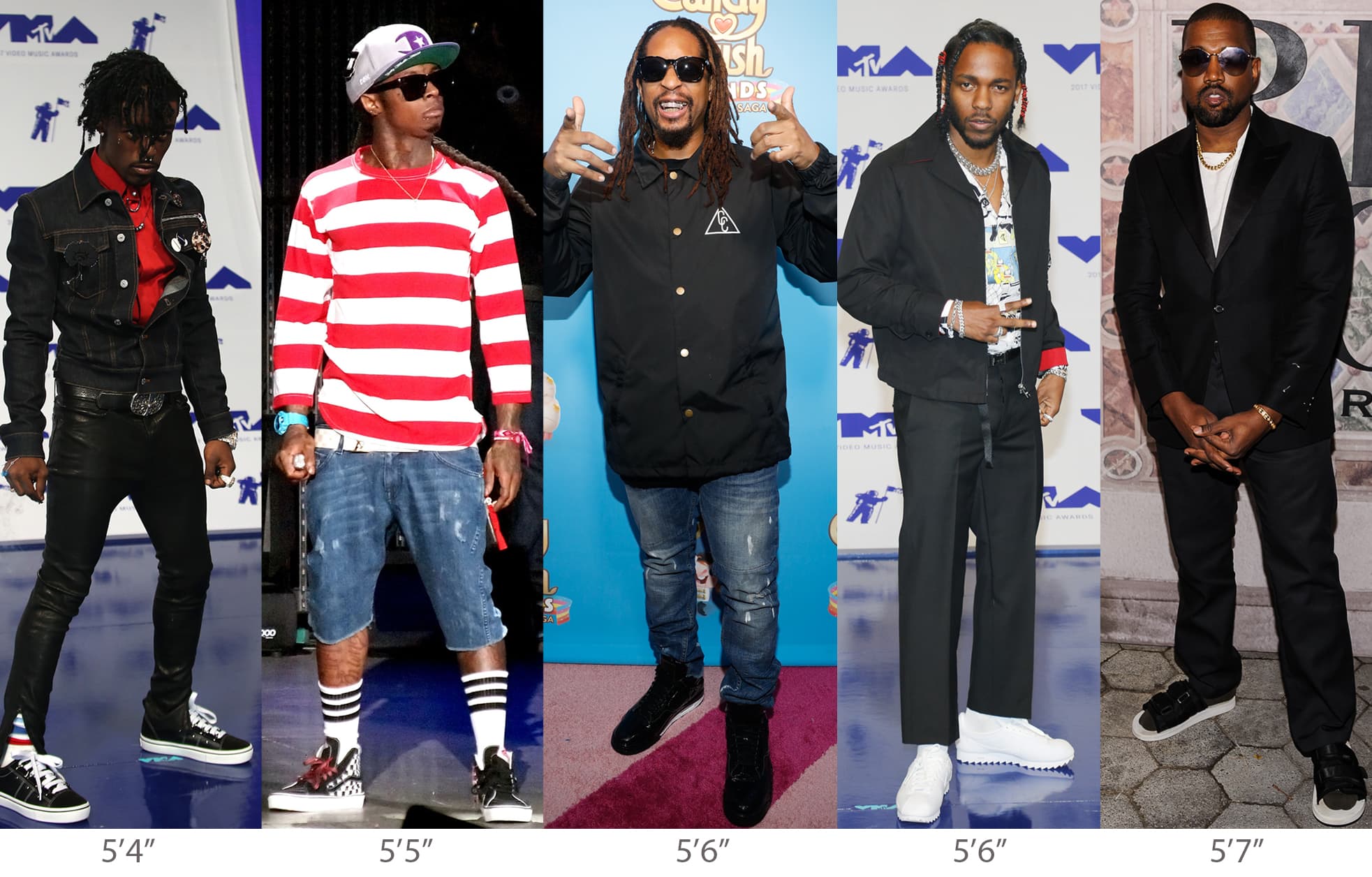 Popular rappers Lil Uzi Vert, Lil Wayne, Lil Jon, Kendrick Lamar, and Kanye West fall below the national average height