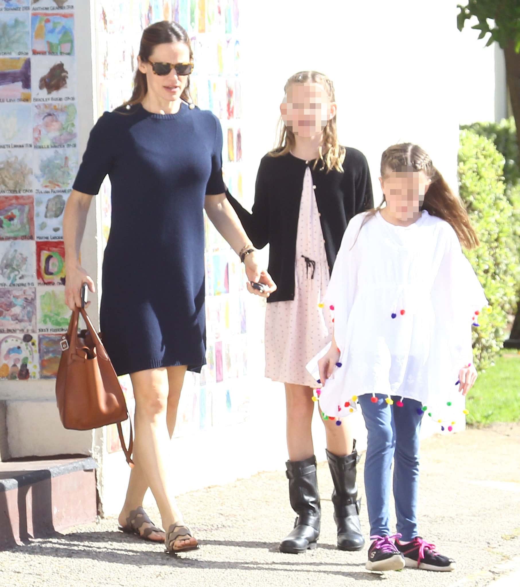 Jennifer Garner leaving a church with her kids in a blue knit mini dress