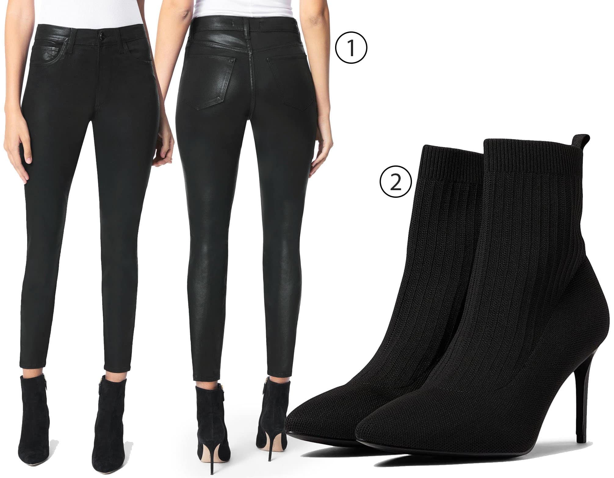 Create a sleek silhouette with Joe's The Charlie Coated Ankle skinny jeans and Chinese Laundry Elba booties, perfect for a night out or a chic day look